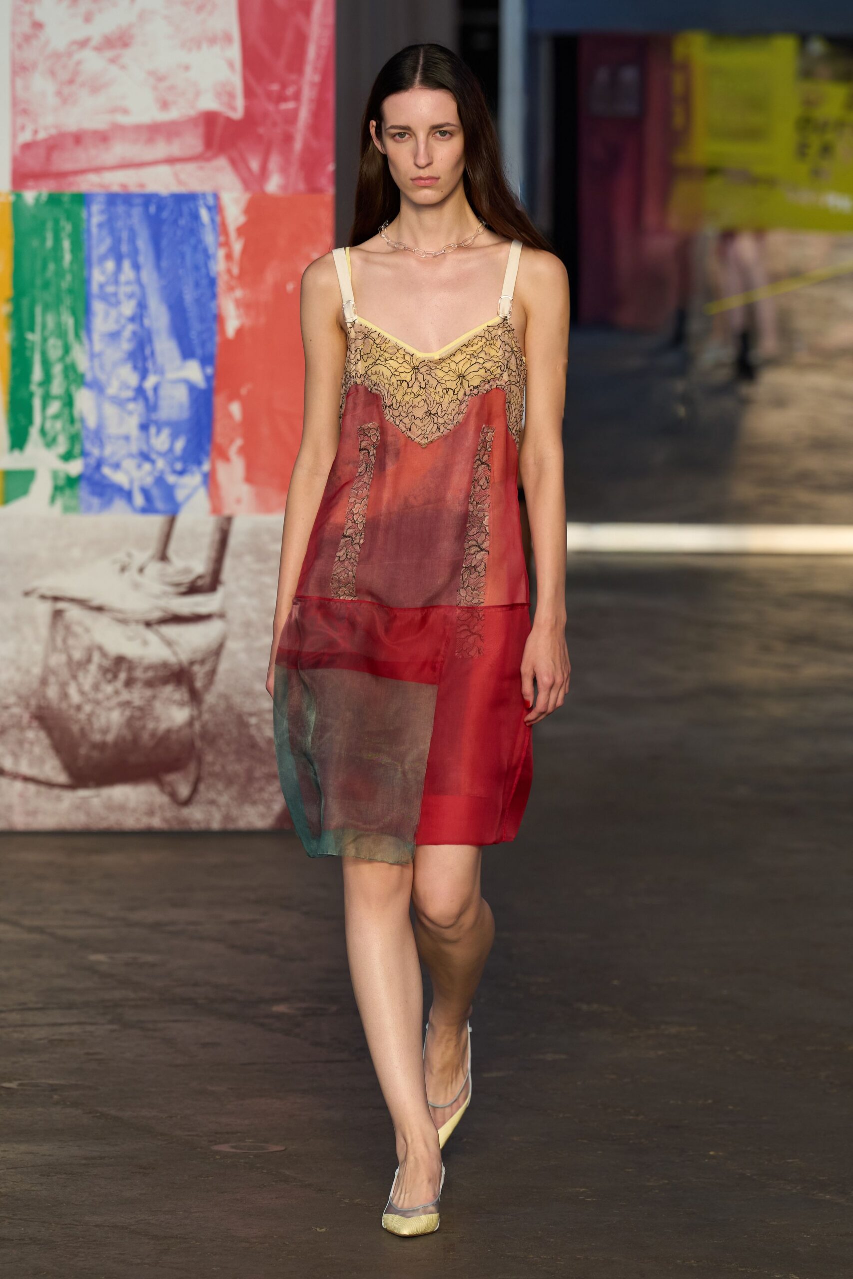 red silk sleeveless v-neck fitted layered sheer dress