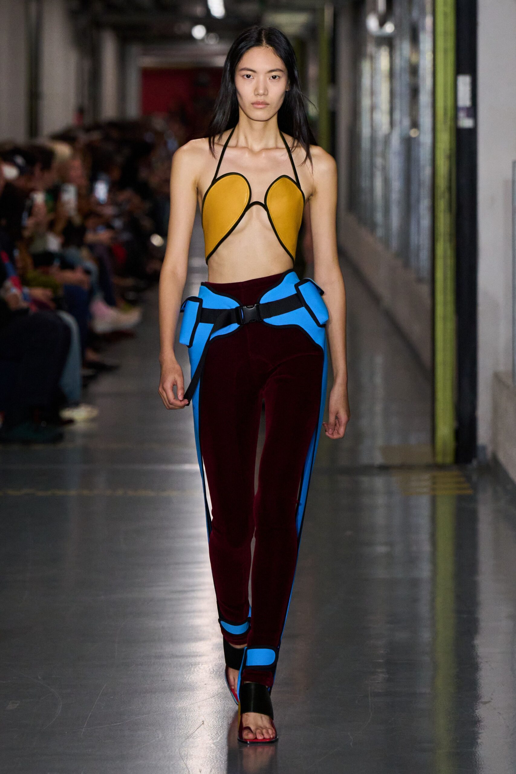 yellow neoprene sleeveless halter fitted top