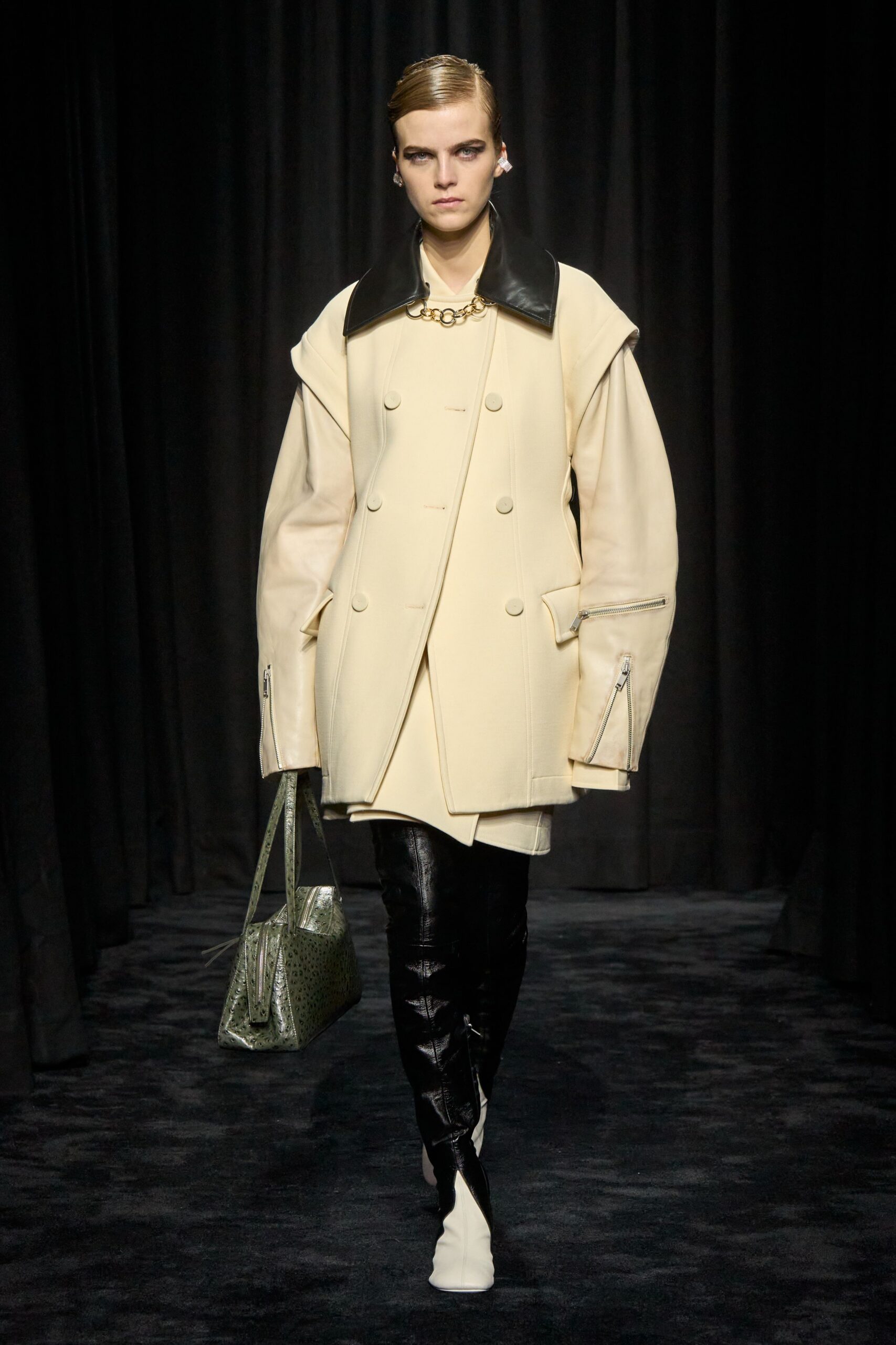 beige oversized coat with leather top