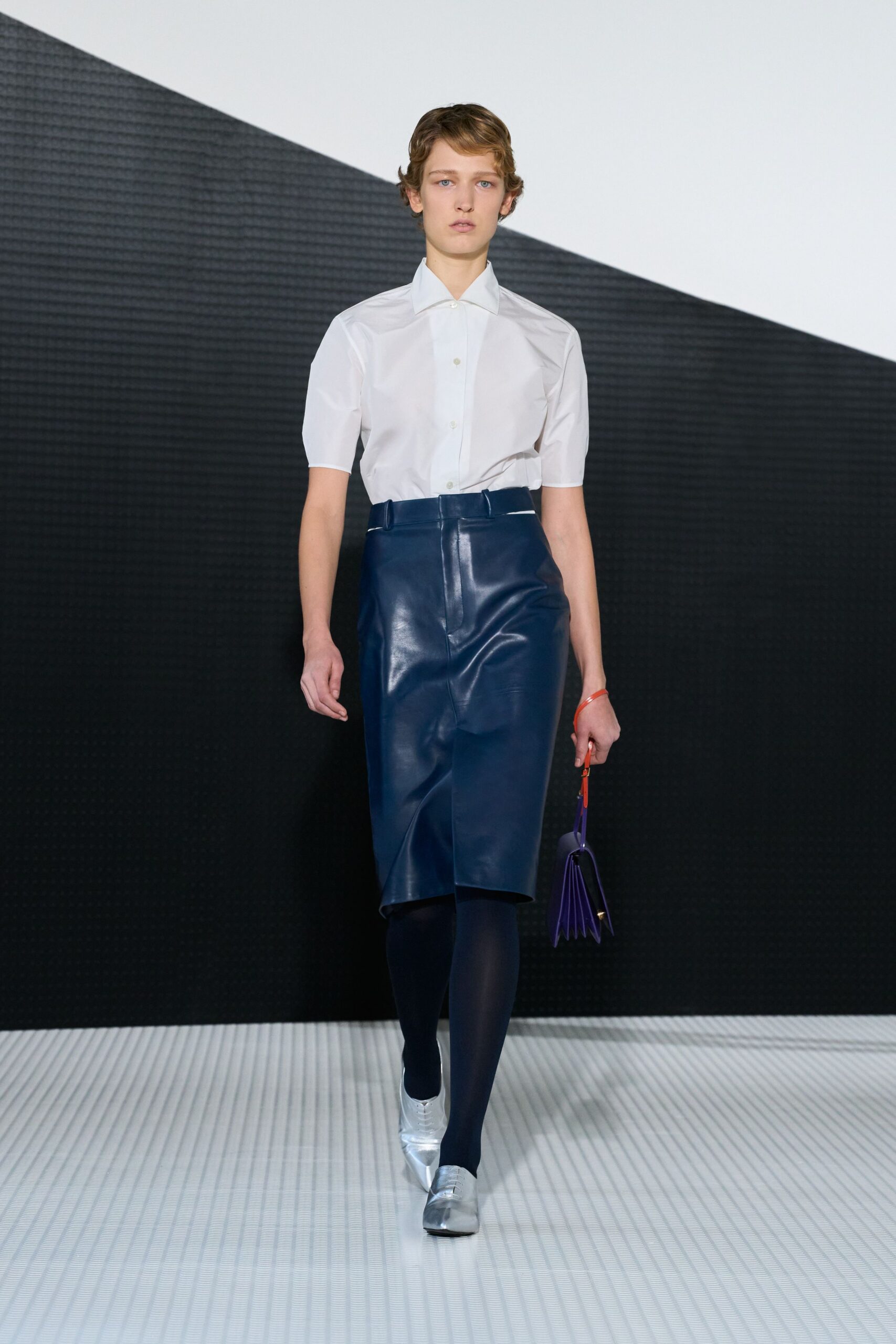white fitted shirt blue pencil skirt