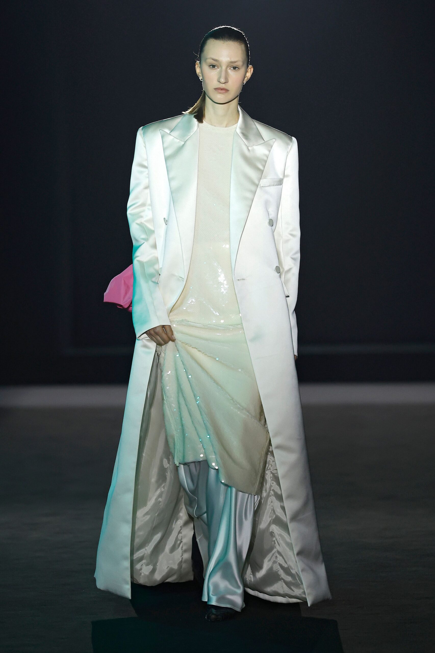 white silk relaxed straight-leg shiny pants