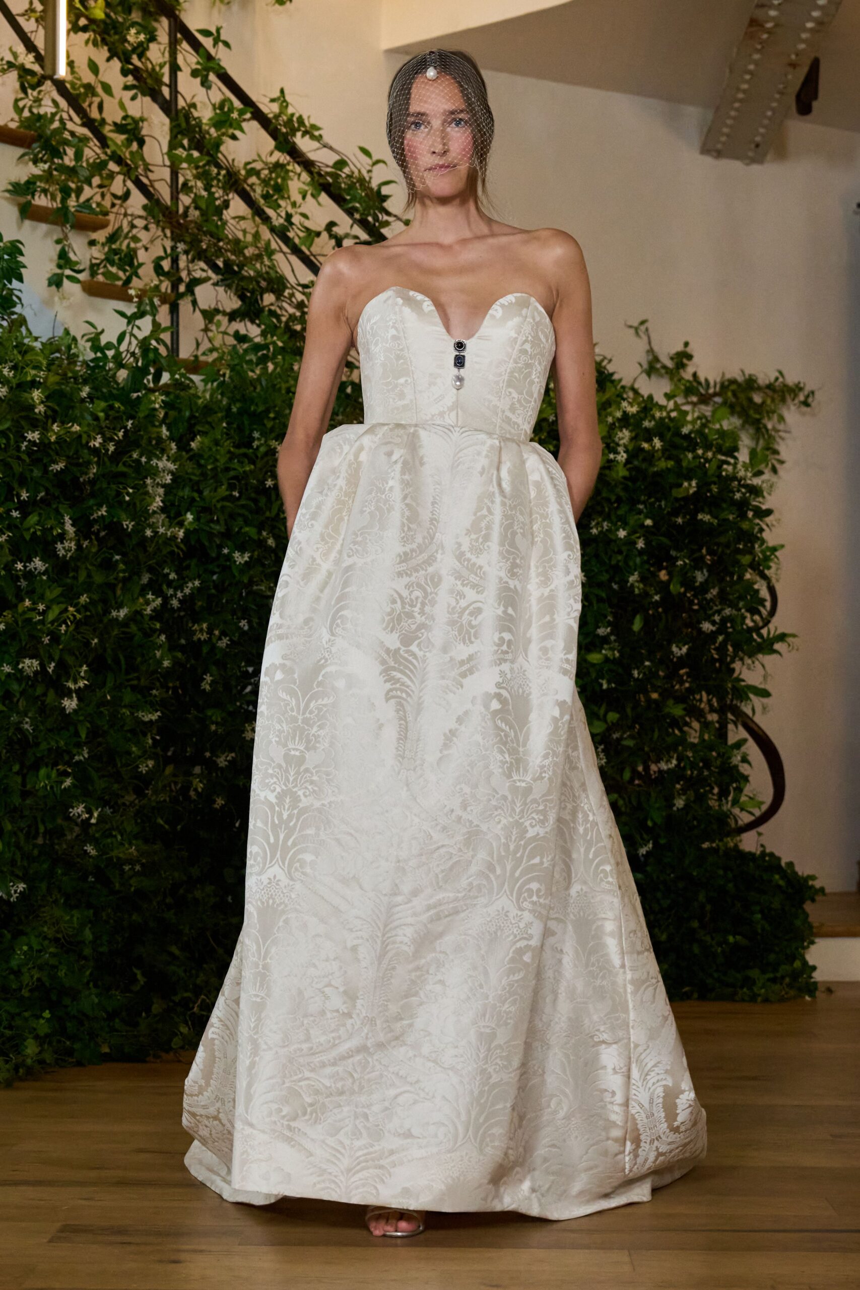 ivory embroidered strapless gown
