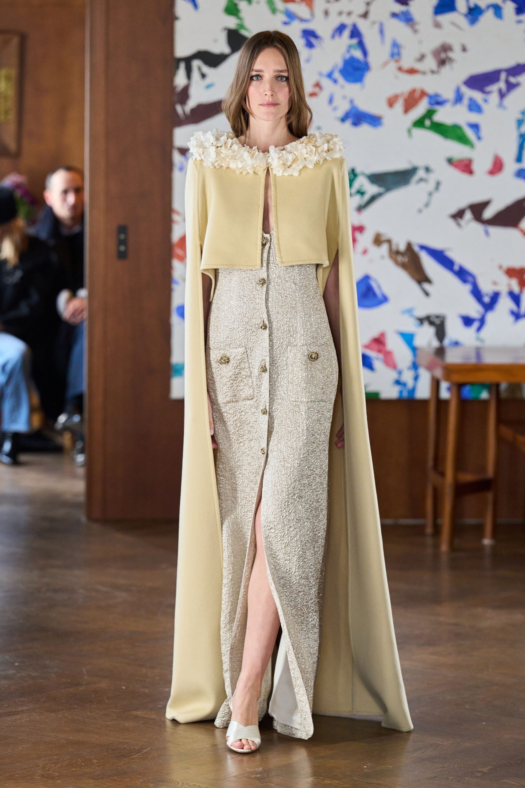beige silk sleeveless v-neck fitted buttoned layered gown