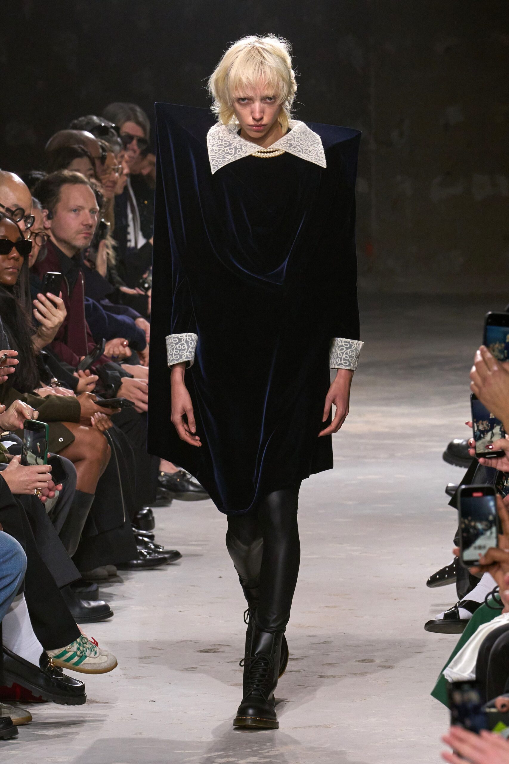 blue velvet long-sleeve collared relaxed structured midi dress