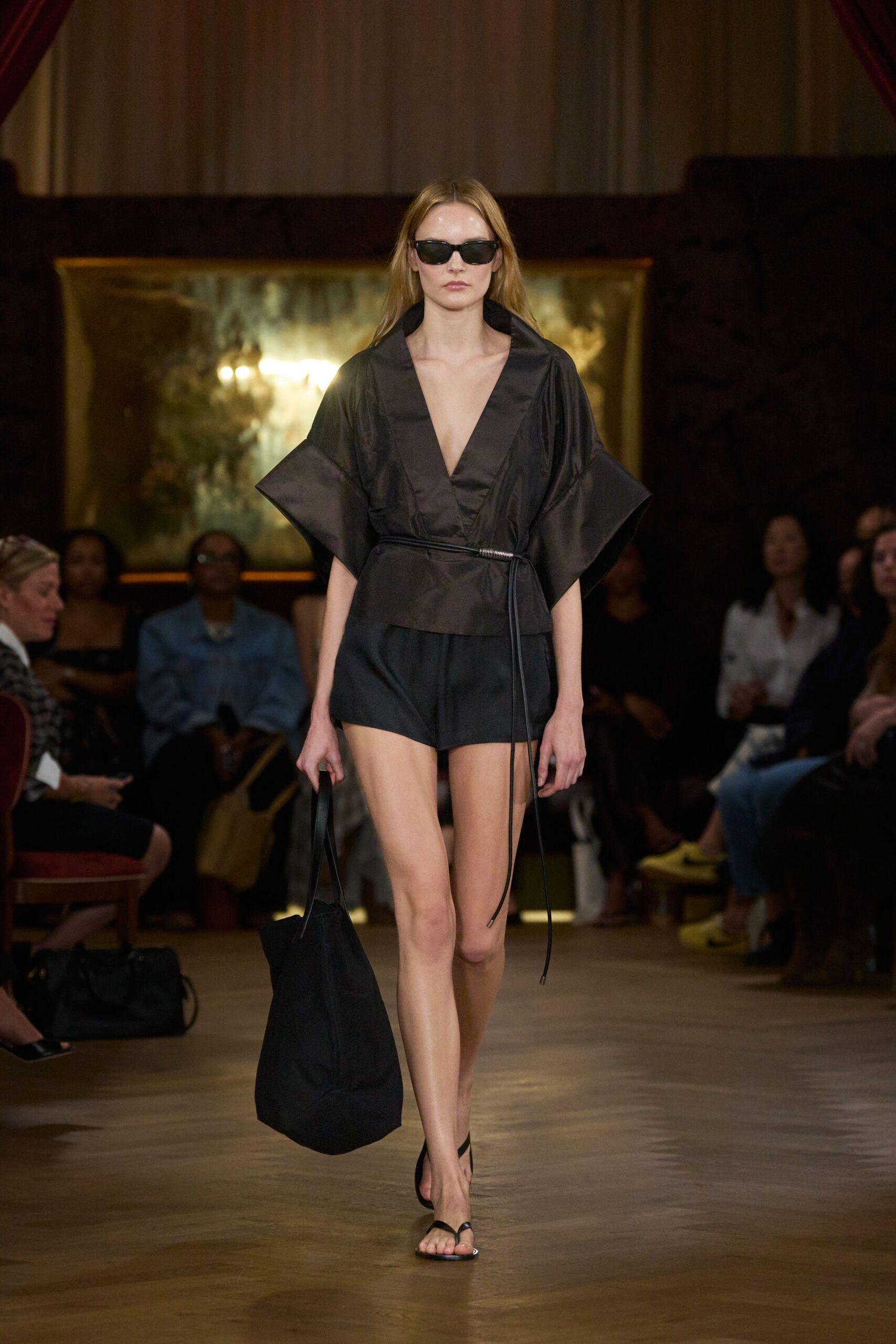 black silk top and shorts