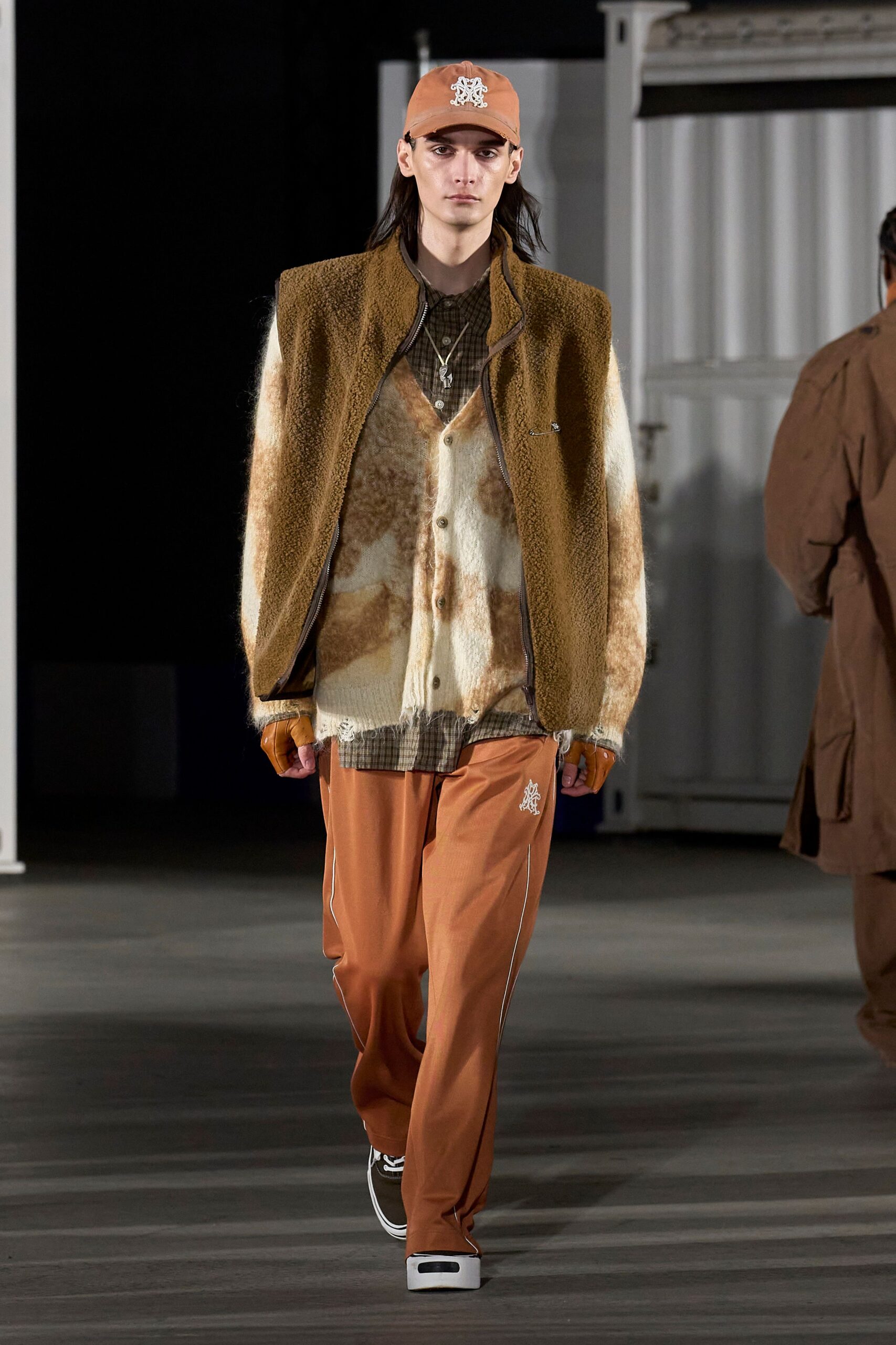 brown wool cardigan with orange pants