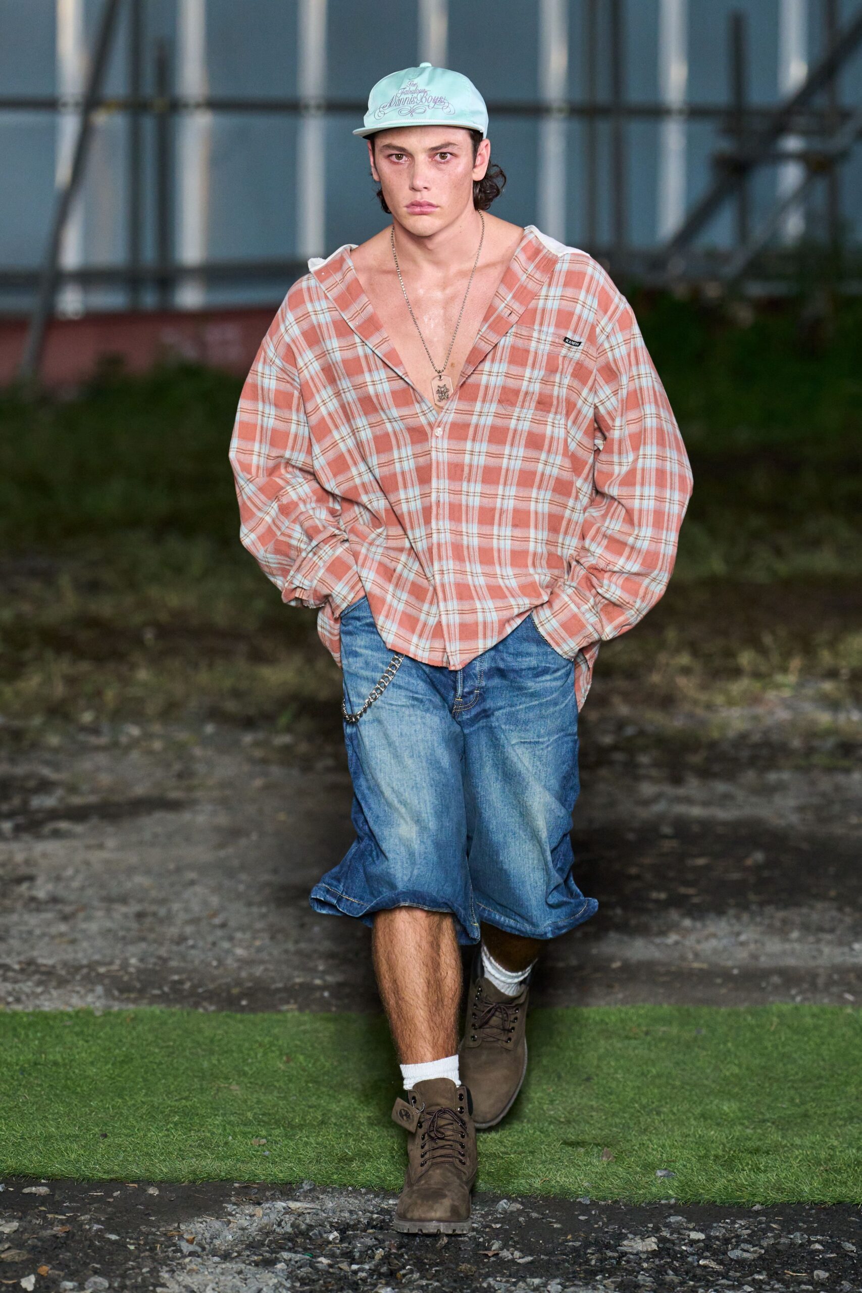 relaxed checked shirt with denim shorts