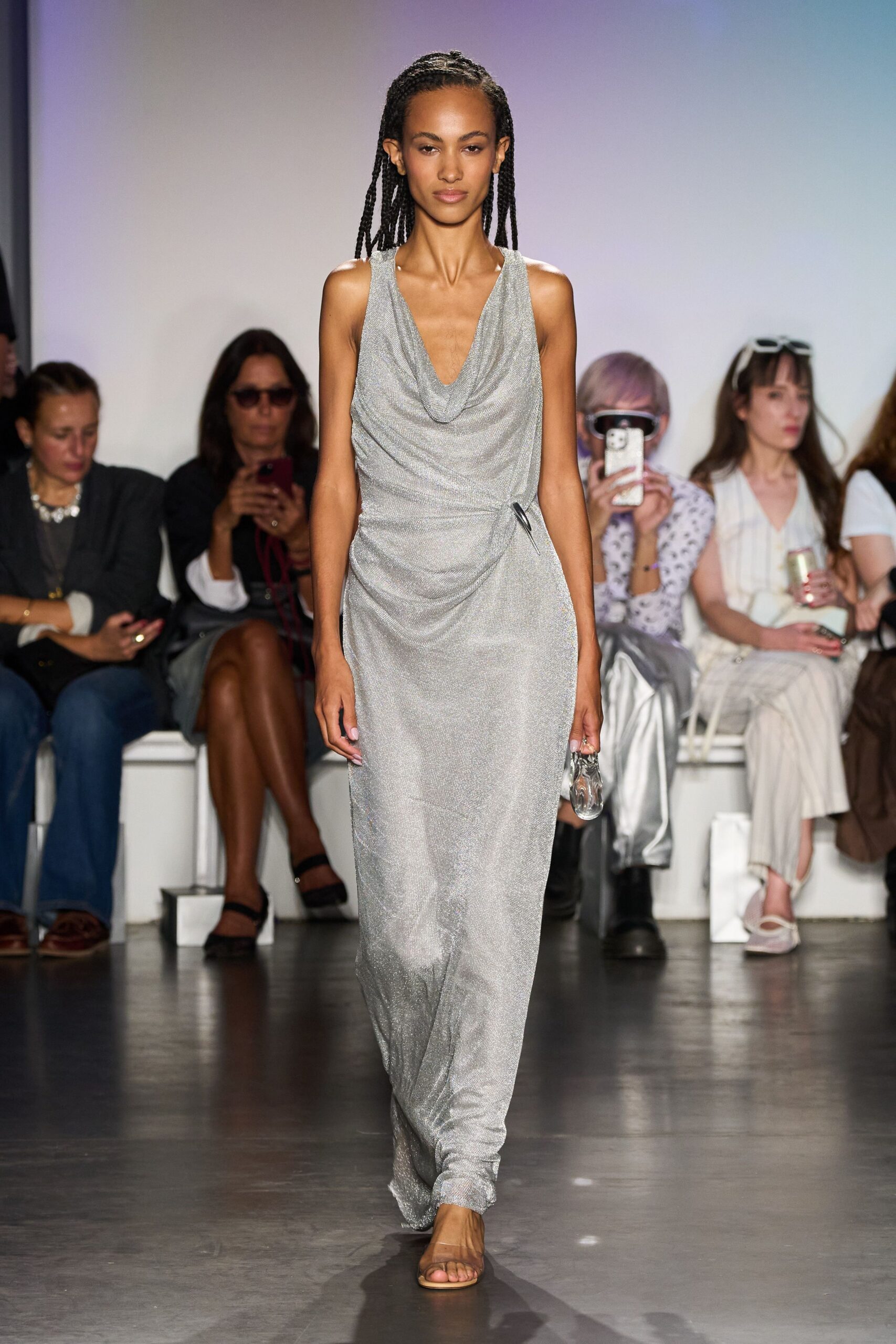 silver silk sleeveless gown