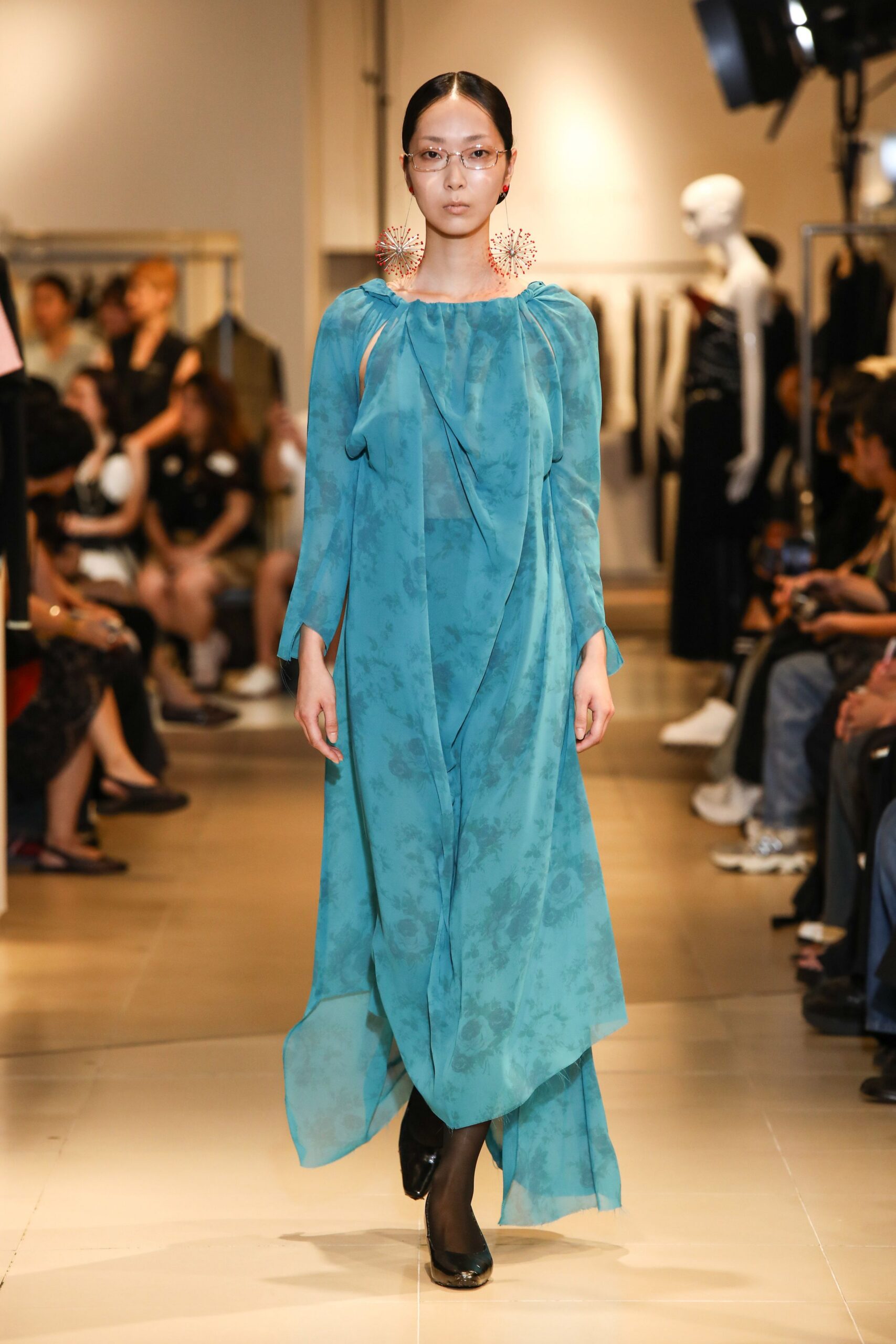 teal chiffon long-sleeve v-neck relaxed draped flowing gown