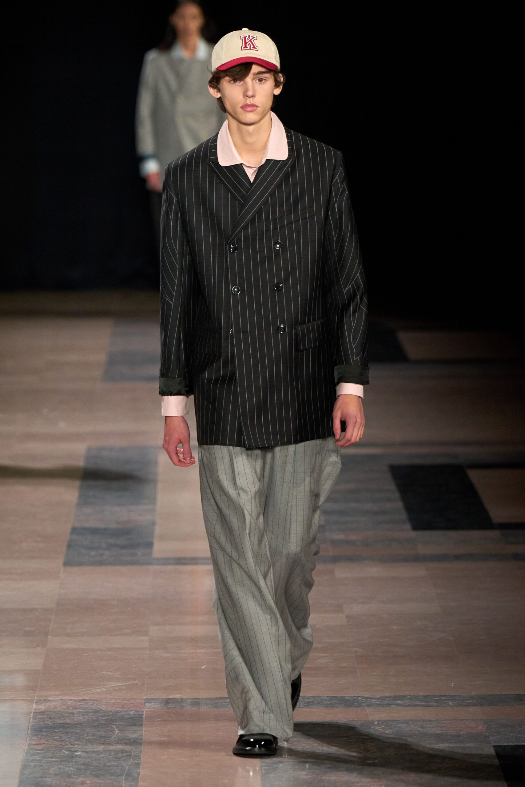 black and gray tailored blazer with relaxed pants