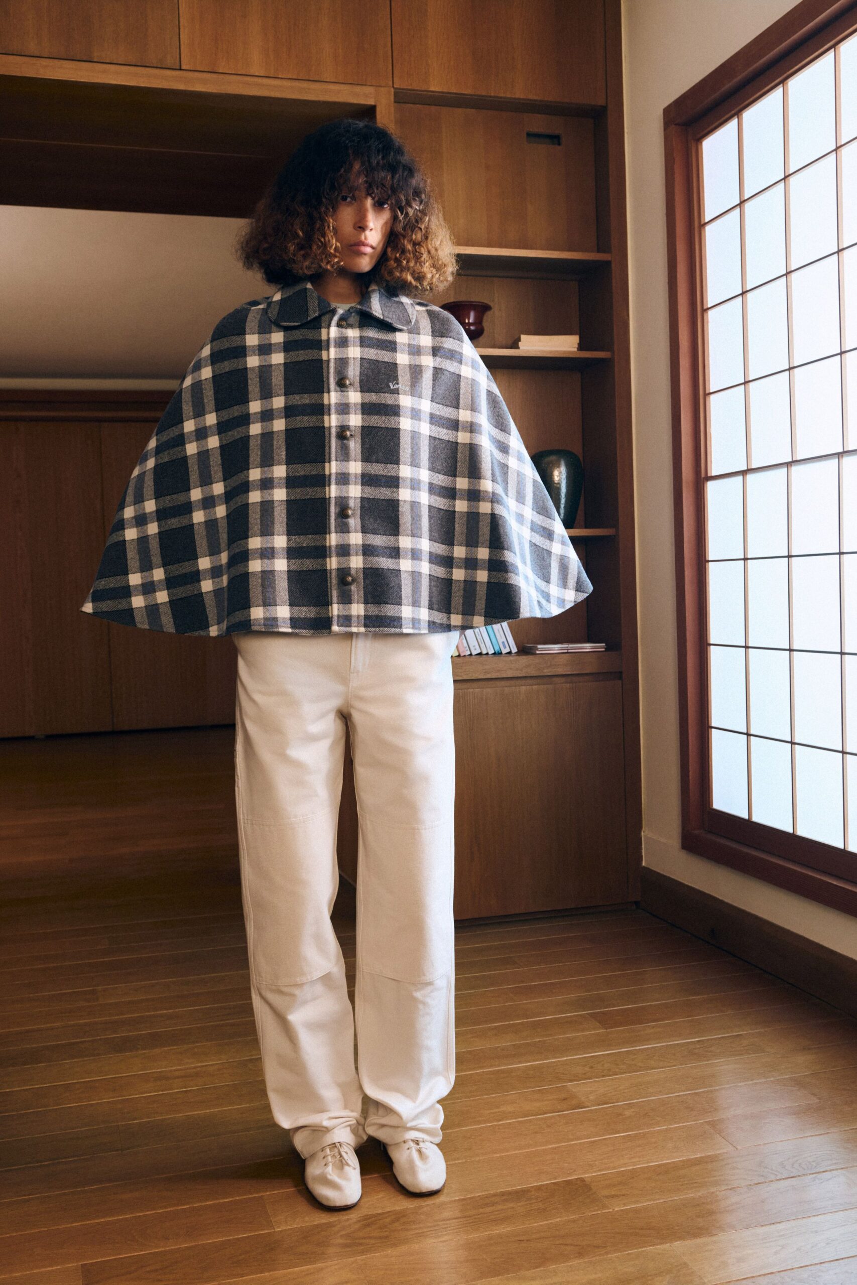 blue cotton collared relaxed checked cape