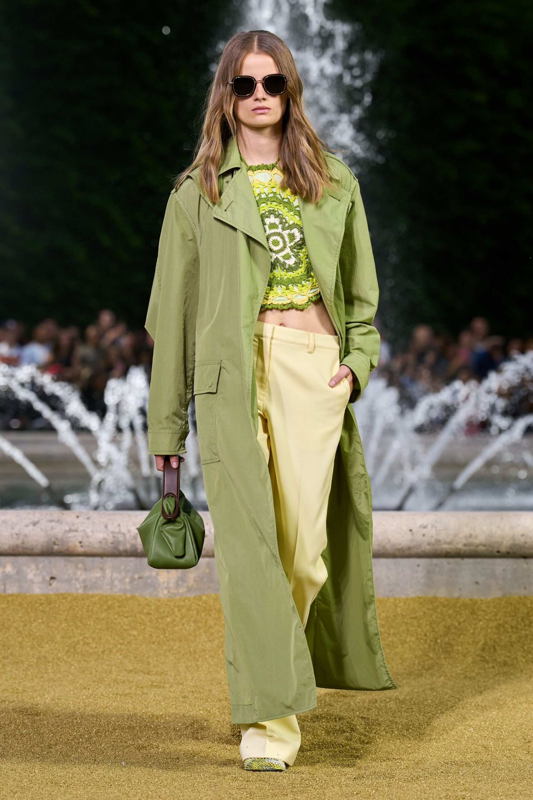 green cotton long-sleeve collared relaxed buttoned maxi coat