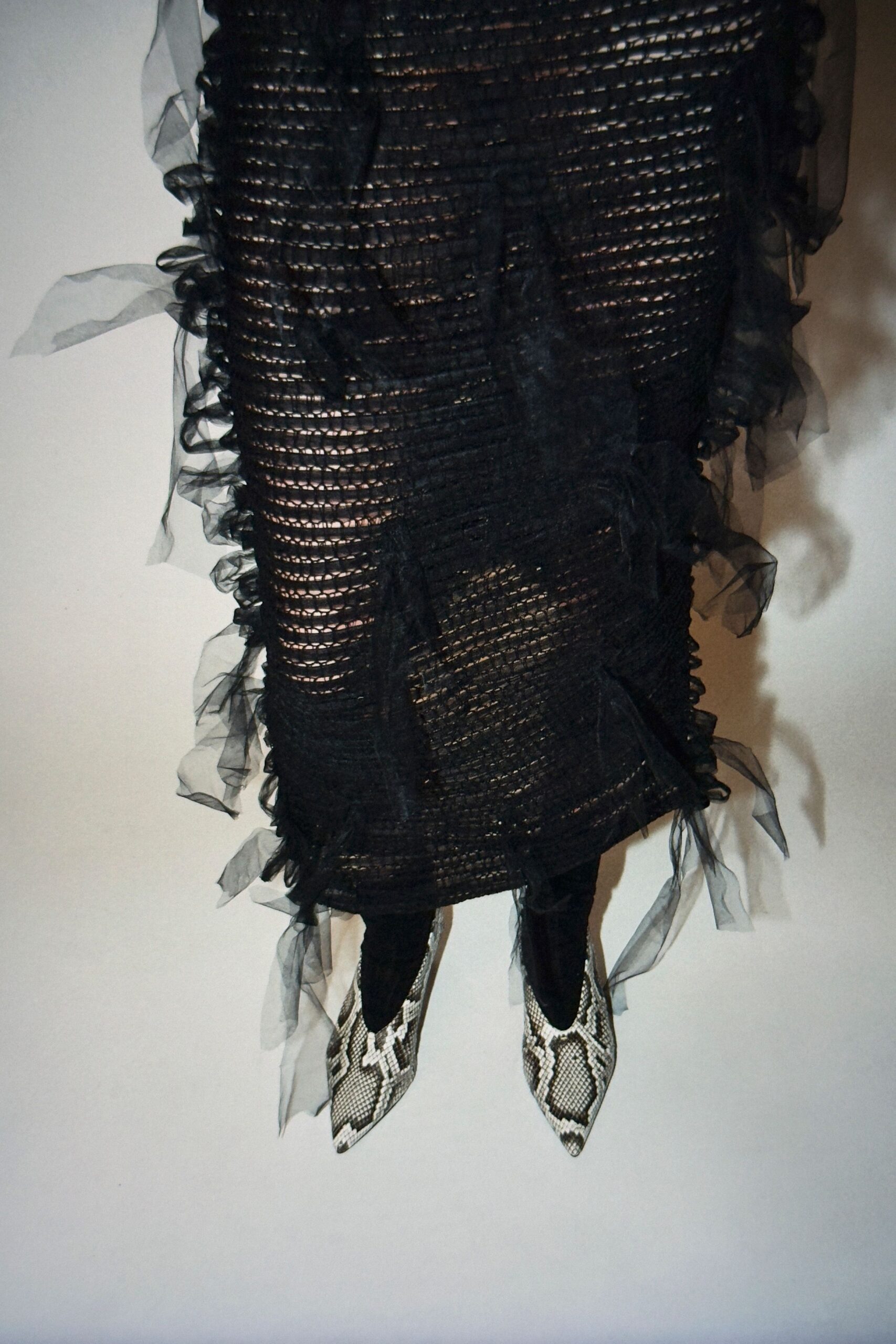 black mesh sleeveless v-neck fitted ruffled tiered dress