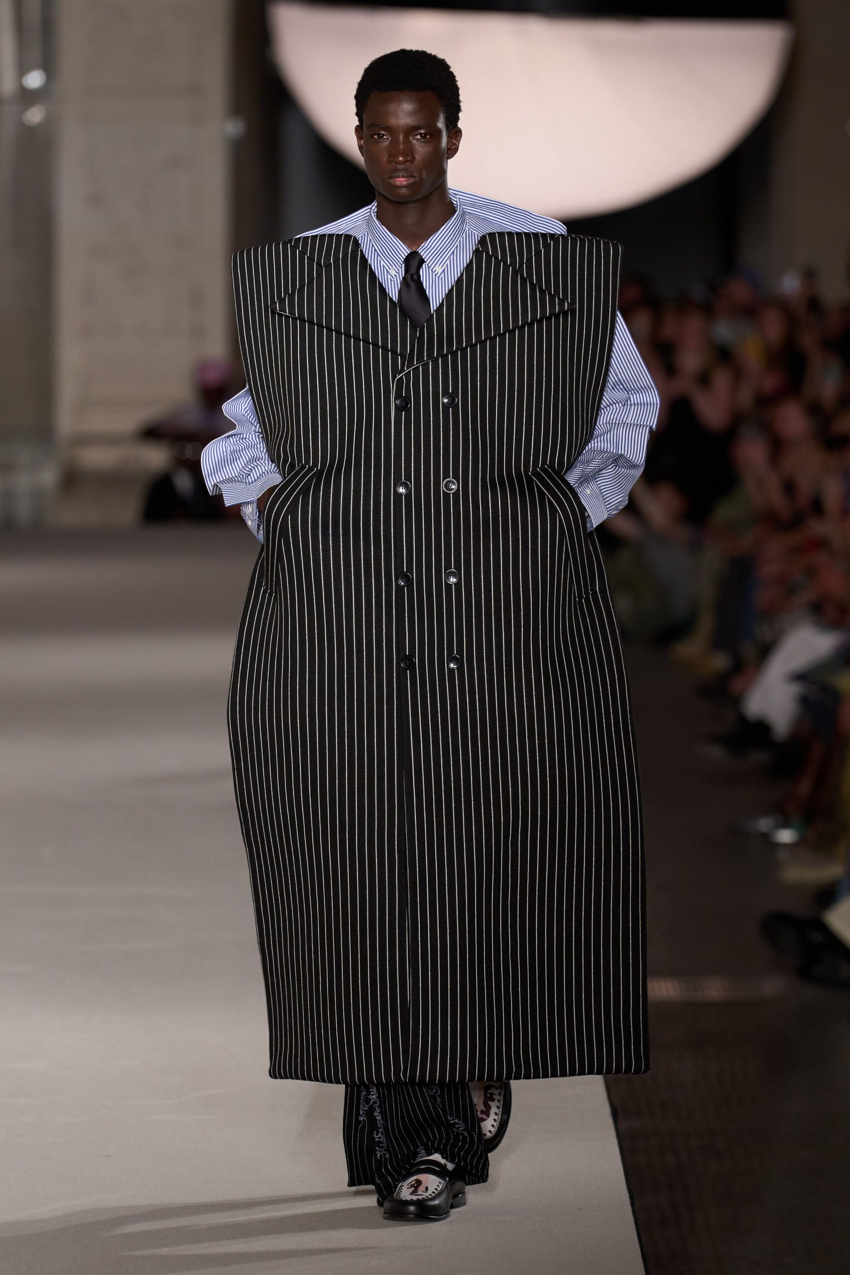 black wool long-sleeve collared oversized striped maxi coat