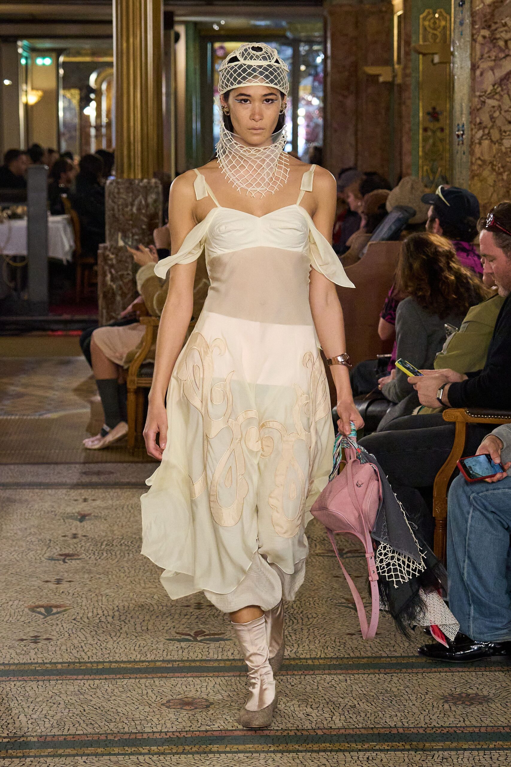white silk sleeveless off-shoulder fitted layered embroidered dress