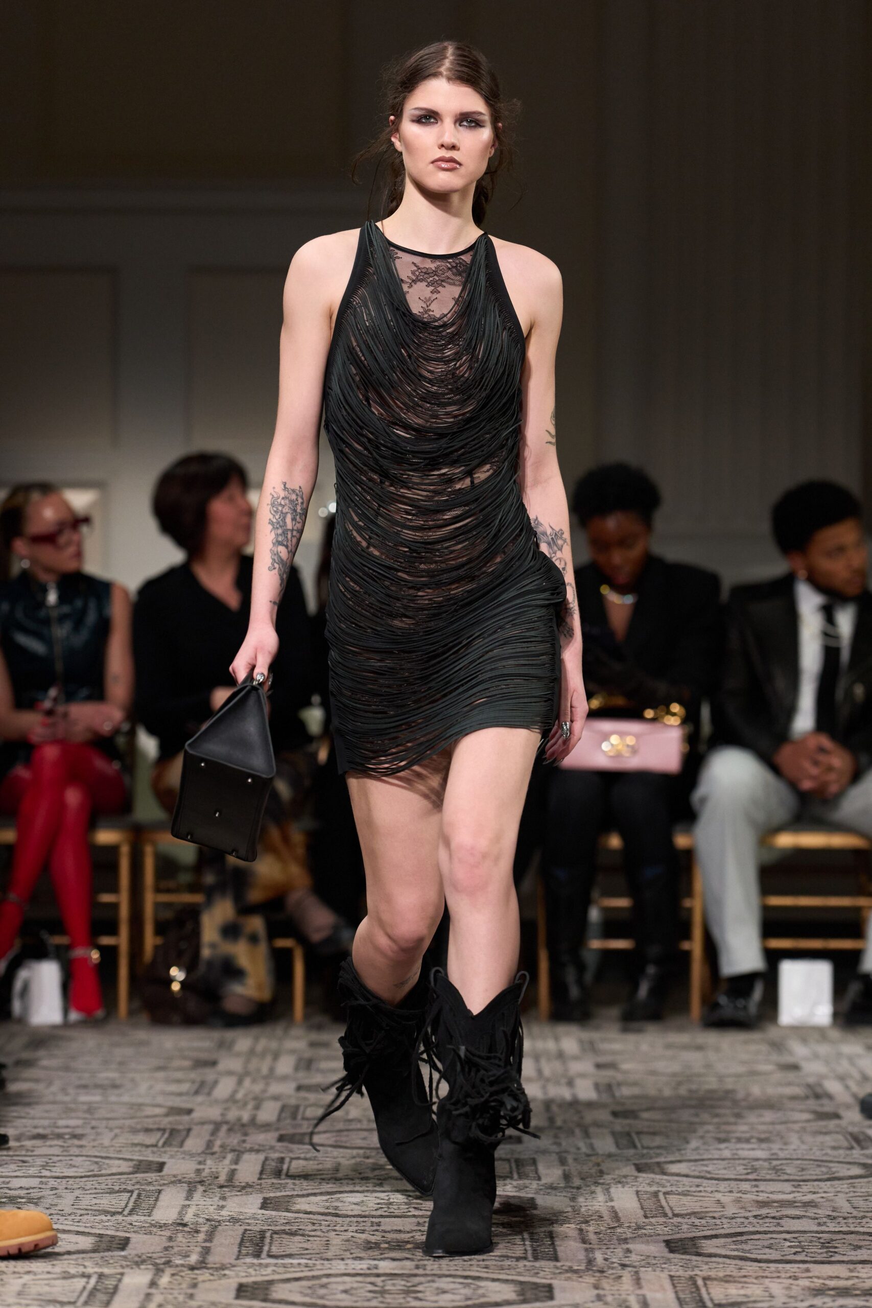 black silk sleeveless high-neck fitted ruched sheer dress