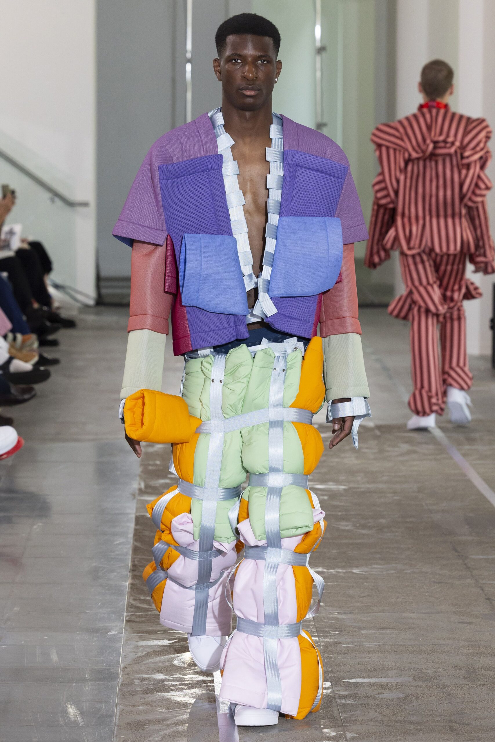 colorful layered jacket and padded pants
