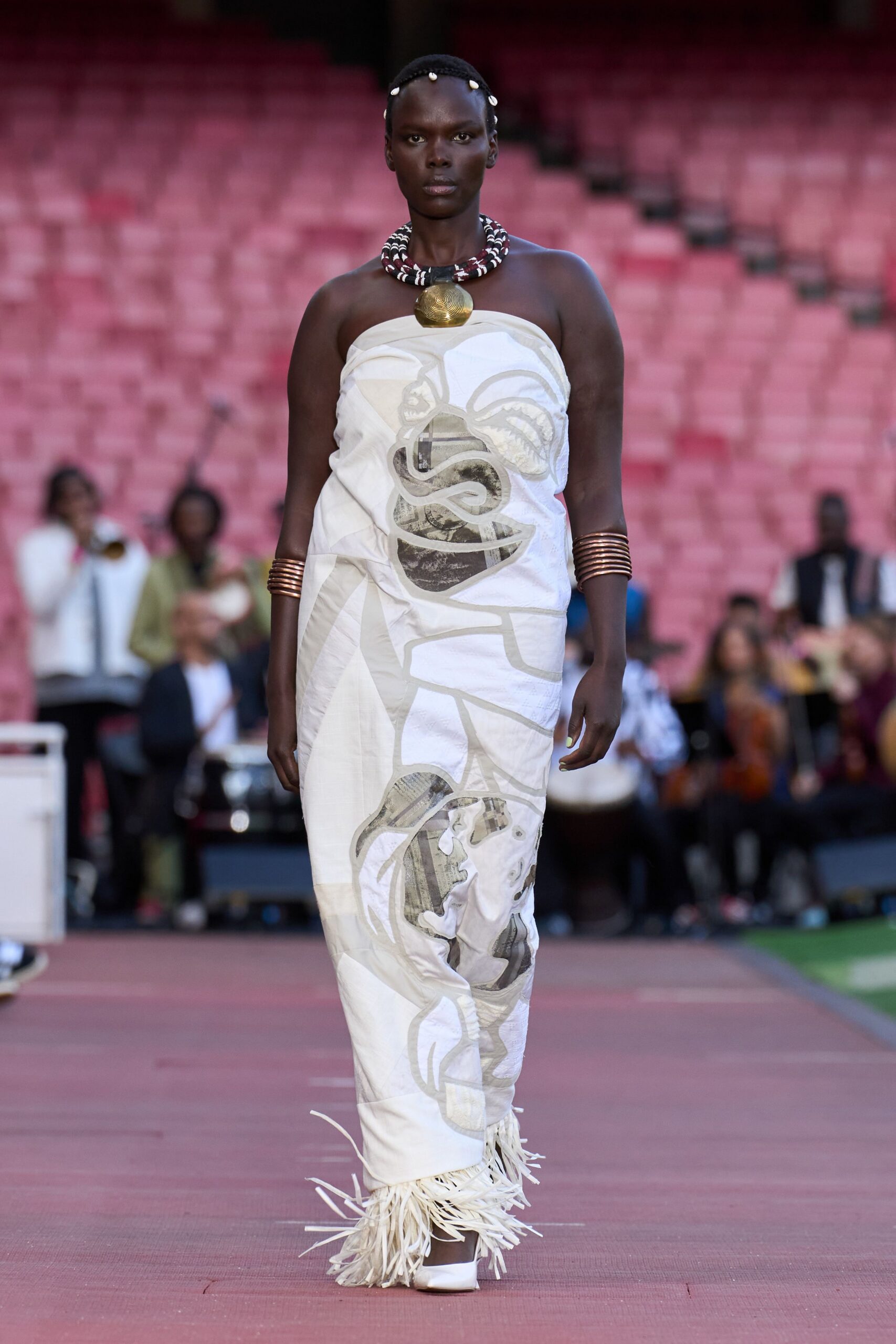 white cotton strapless fitted embroidered fringed maxi gown