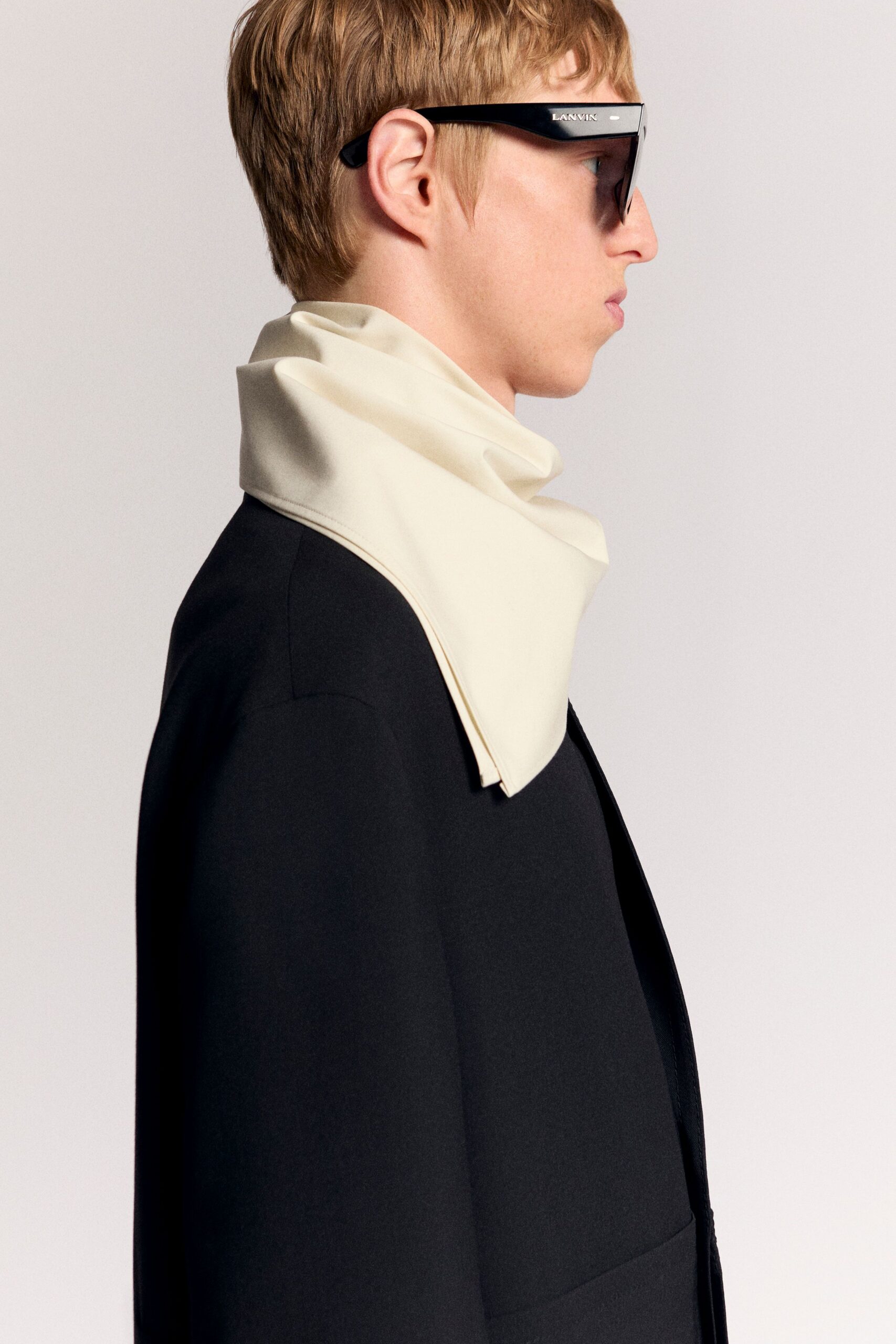 black blazer with white scarf