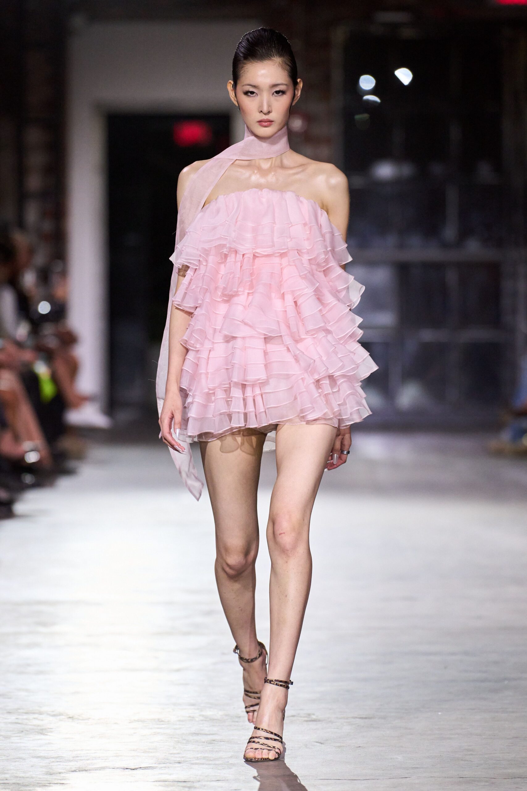pink chiffon sleeveless off-shoulder fitted ruffled tiered dress