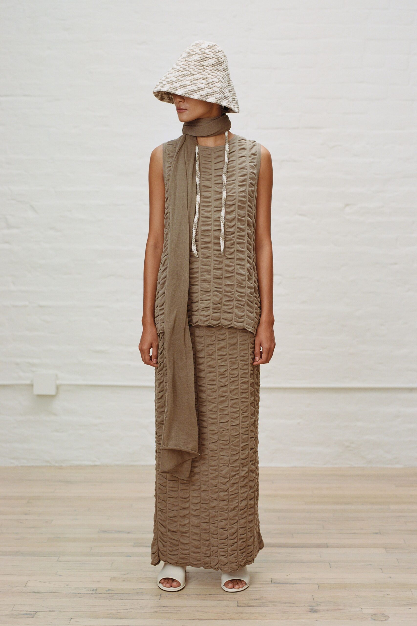 beige cotton fitted straight-leg textured maxi skirt