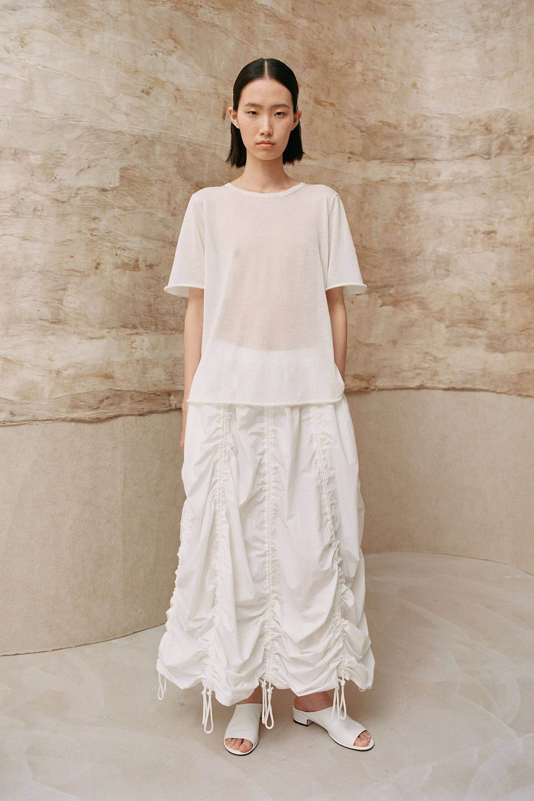 white cotton short-sleeve collared relaxed sheer top