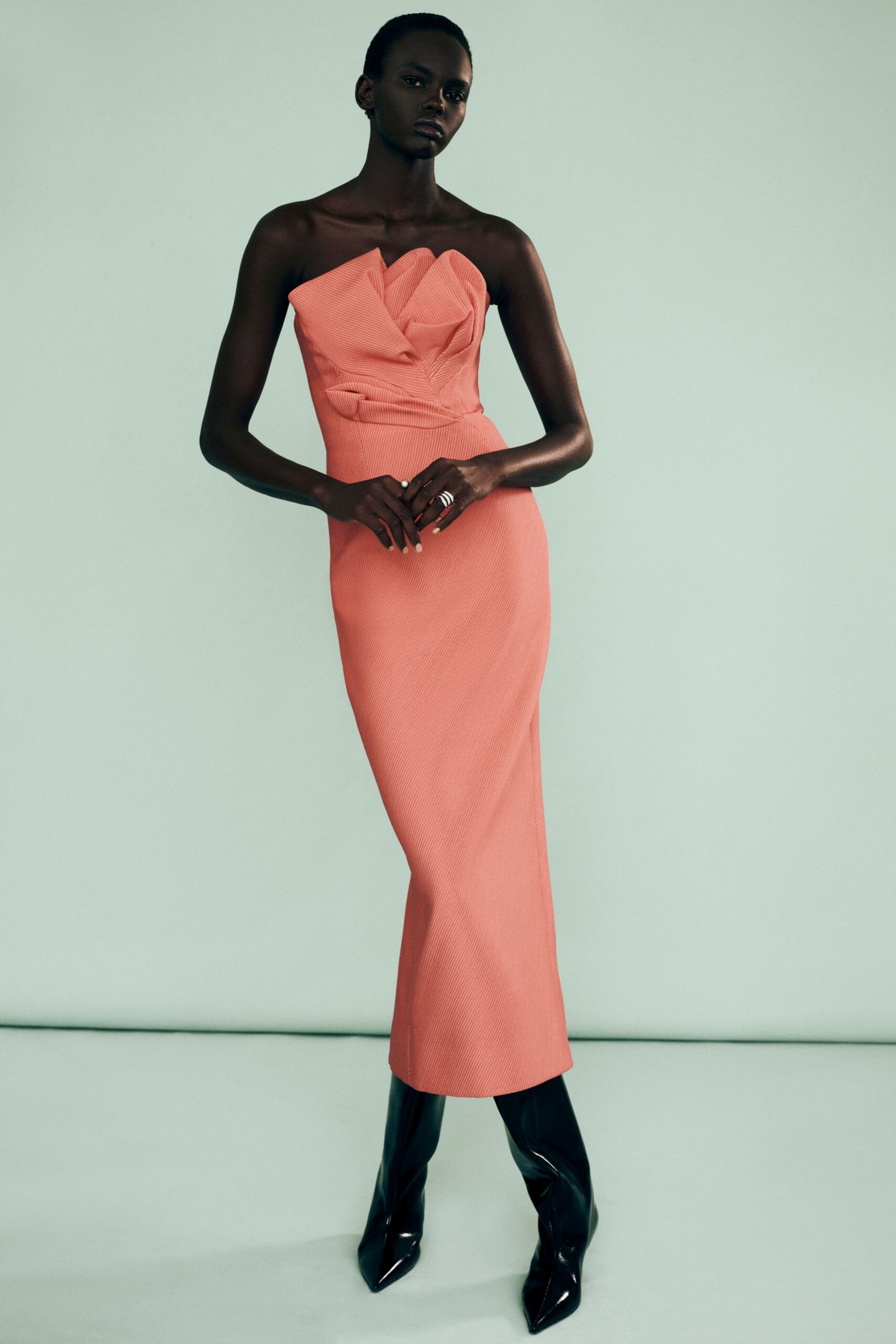 pink cotton strapless fitted draped midi gown