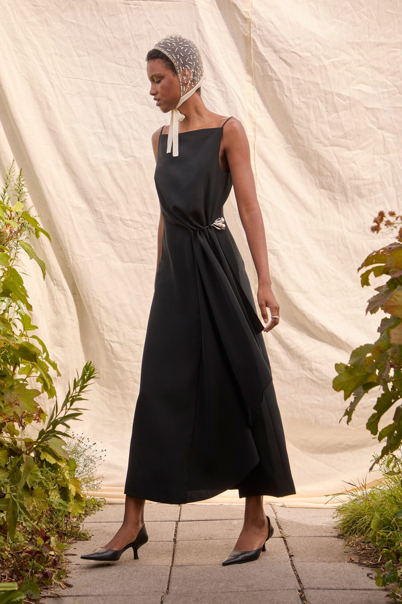 black silk sleeveless midi dress