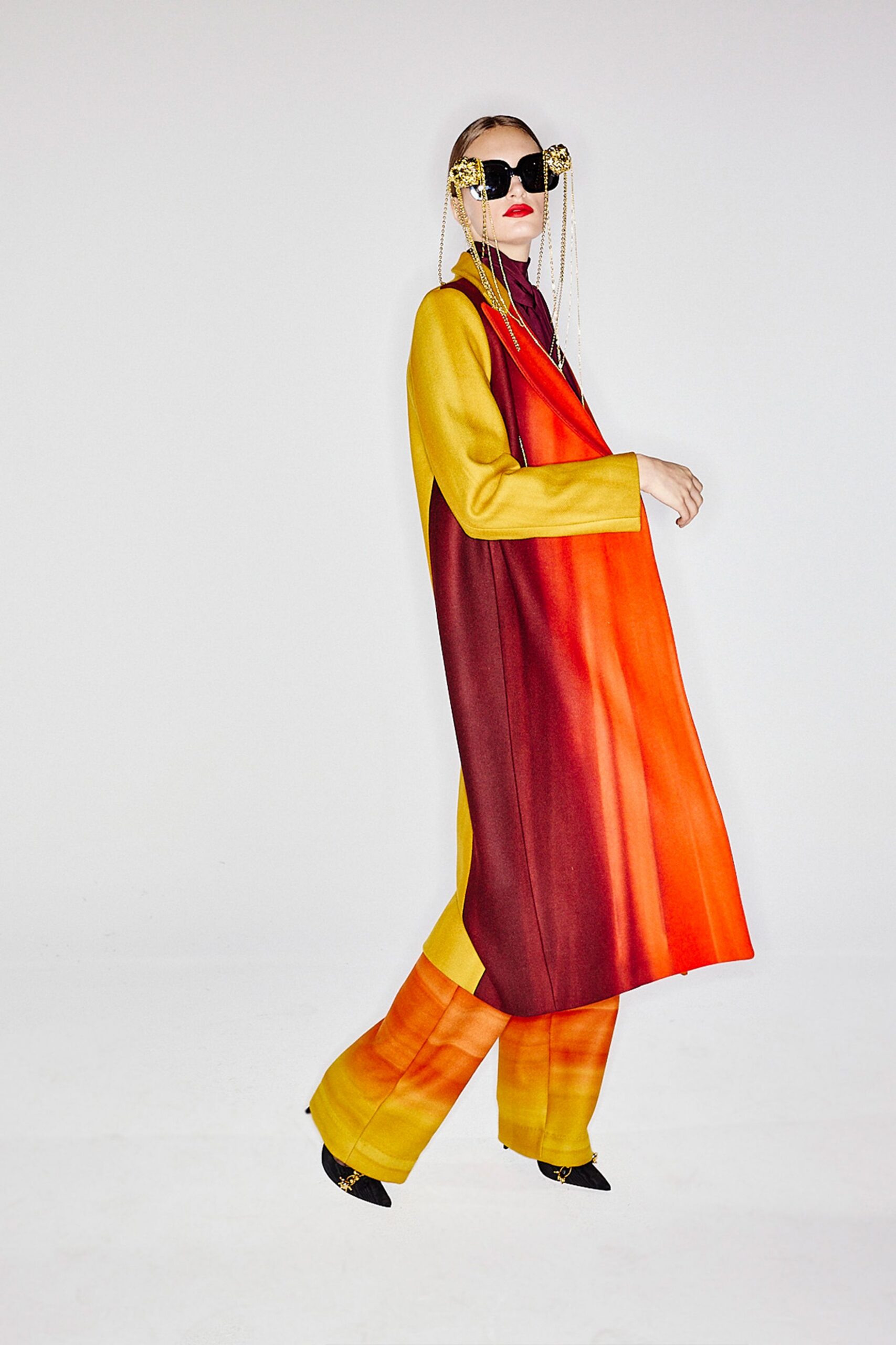 yellow wool long-sleeve collared relaxed color-blocked maxi coat