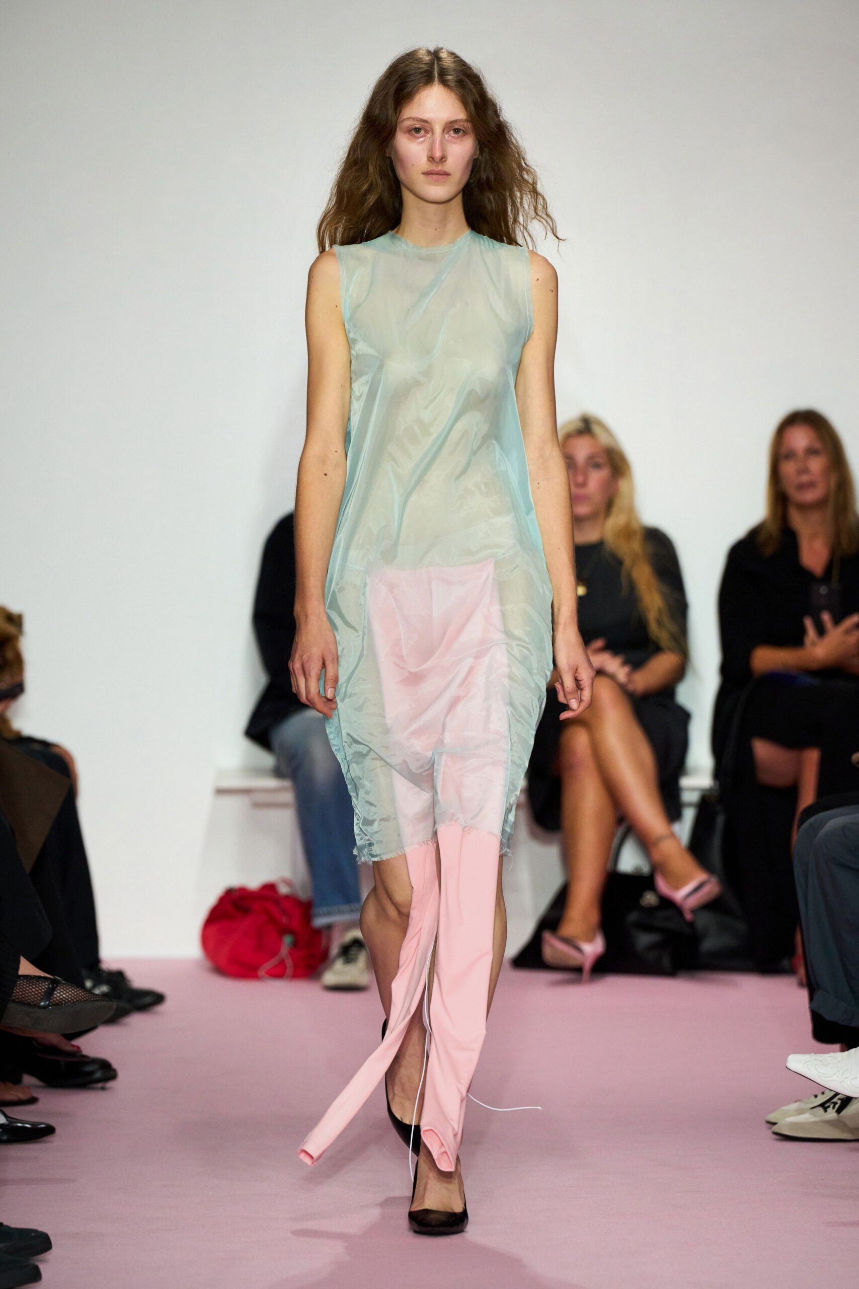 blue silk sleeveless v-neck fitted draped layered dress