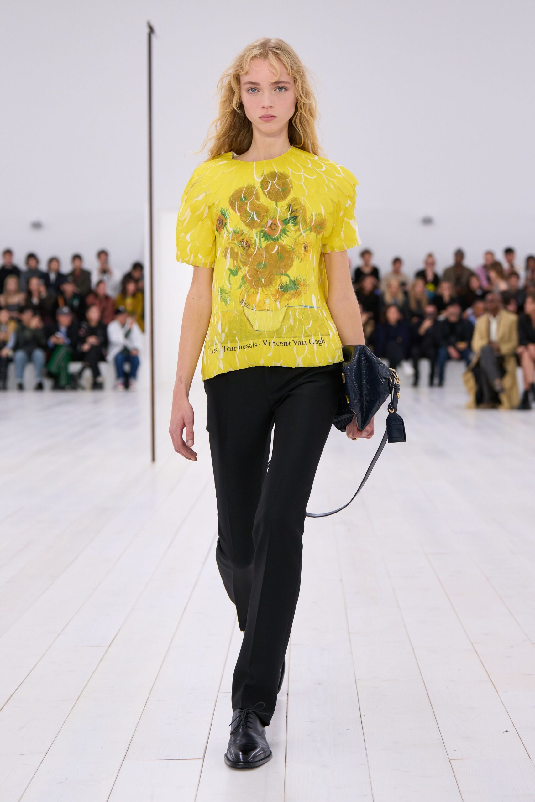 yellow silk short-sleeve collared fitted embroidered top