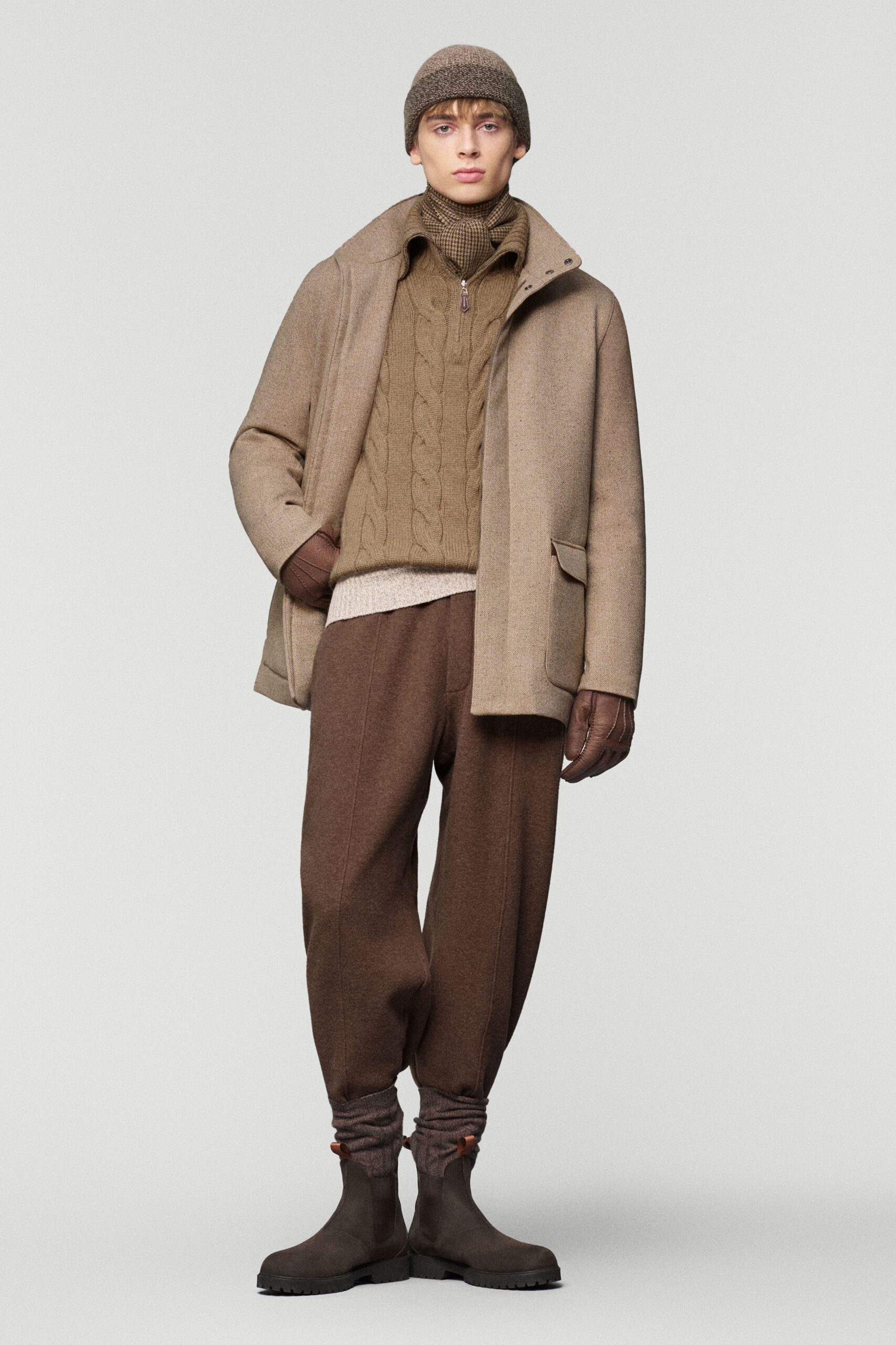 brown wool coat and sweater