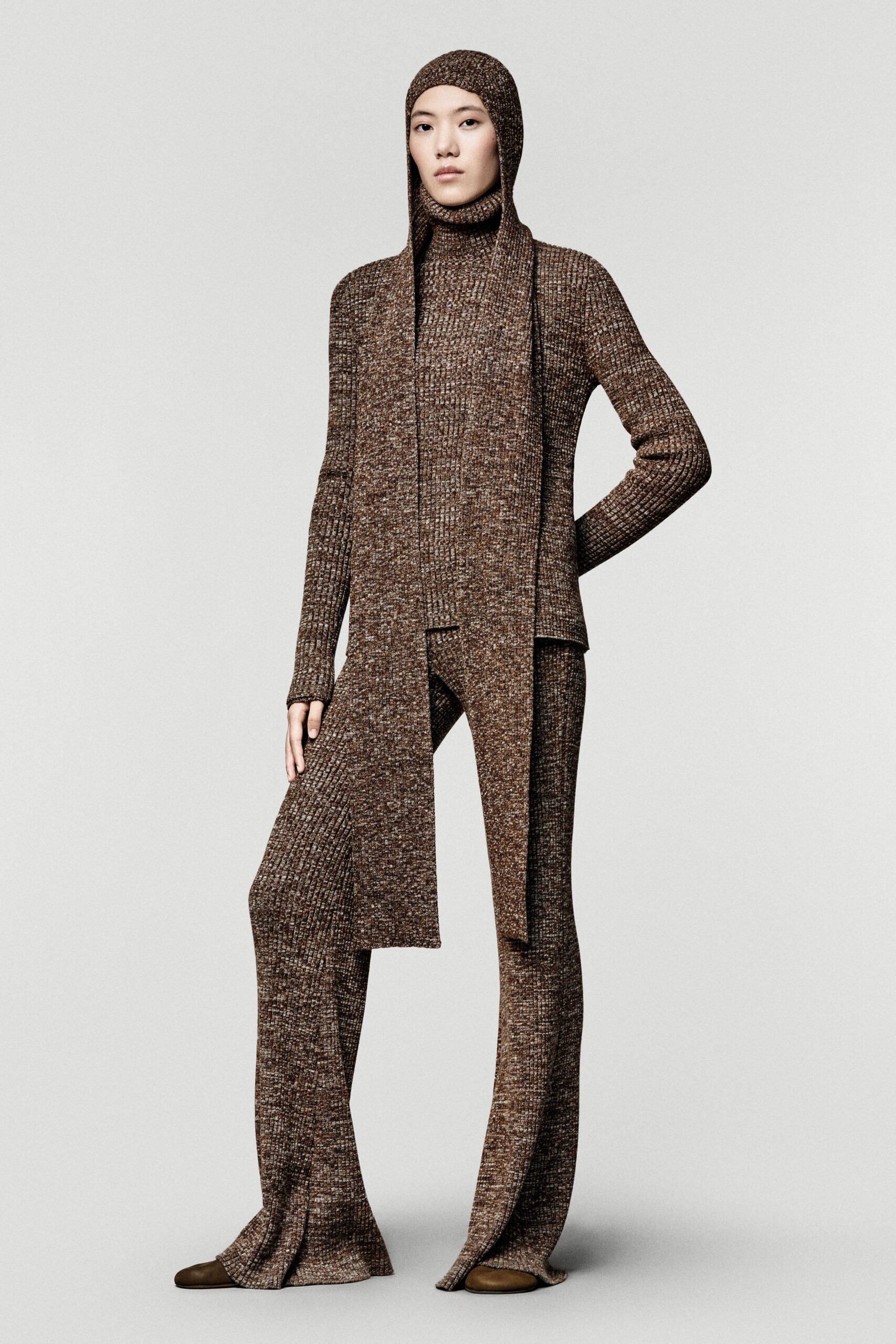 brown knit fitted flared pants