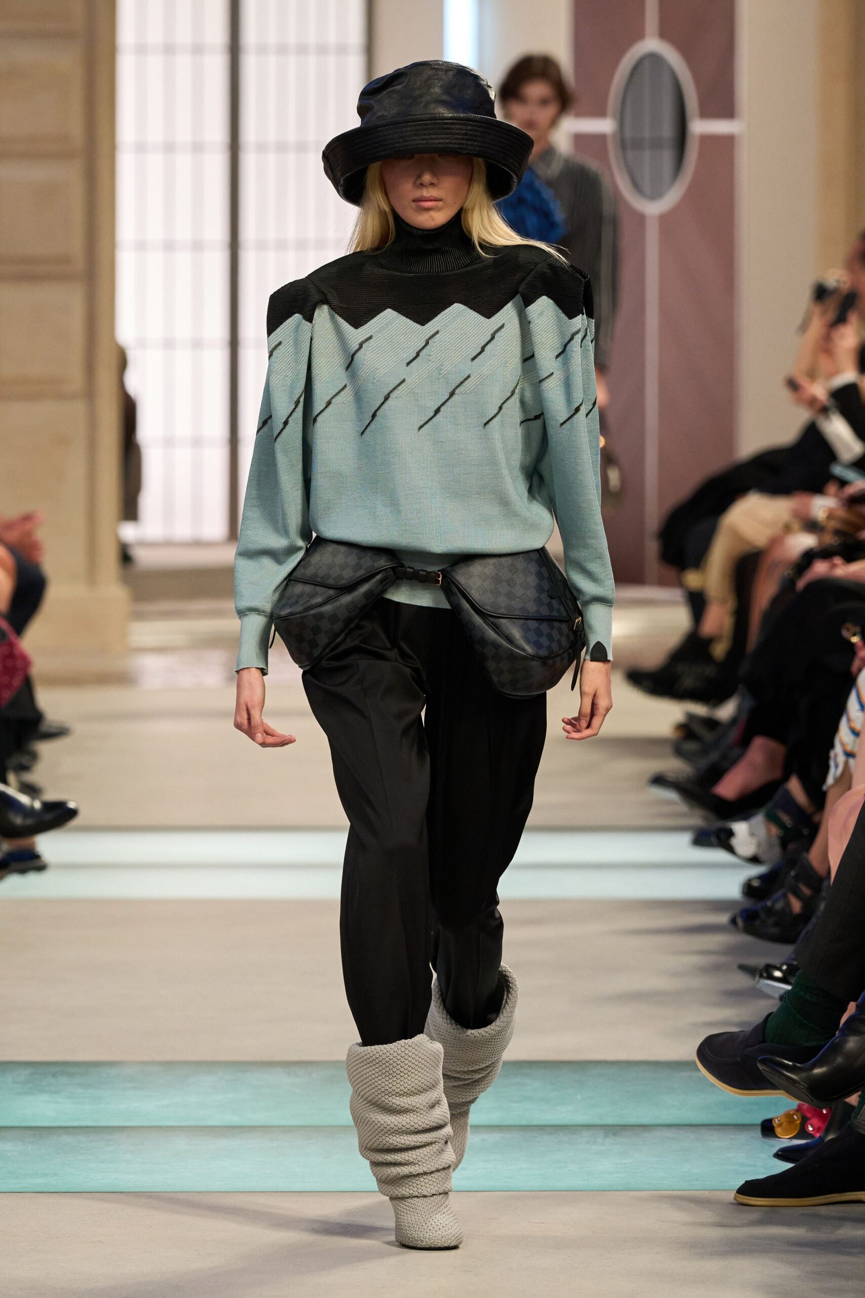 blue wool long-sleeve turtleneck fitted draped sweater