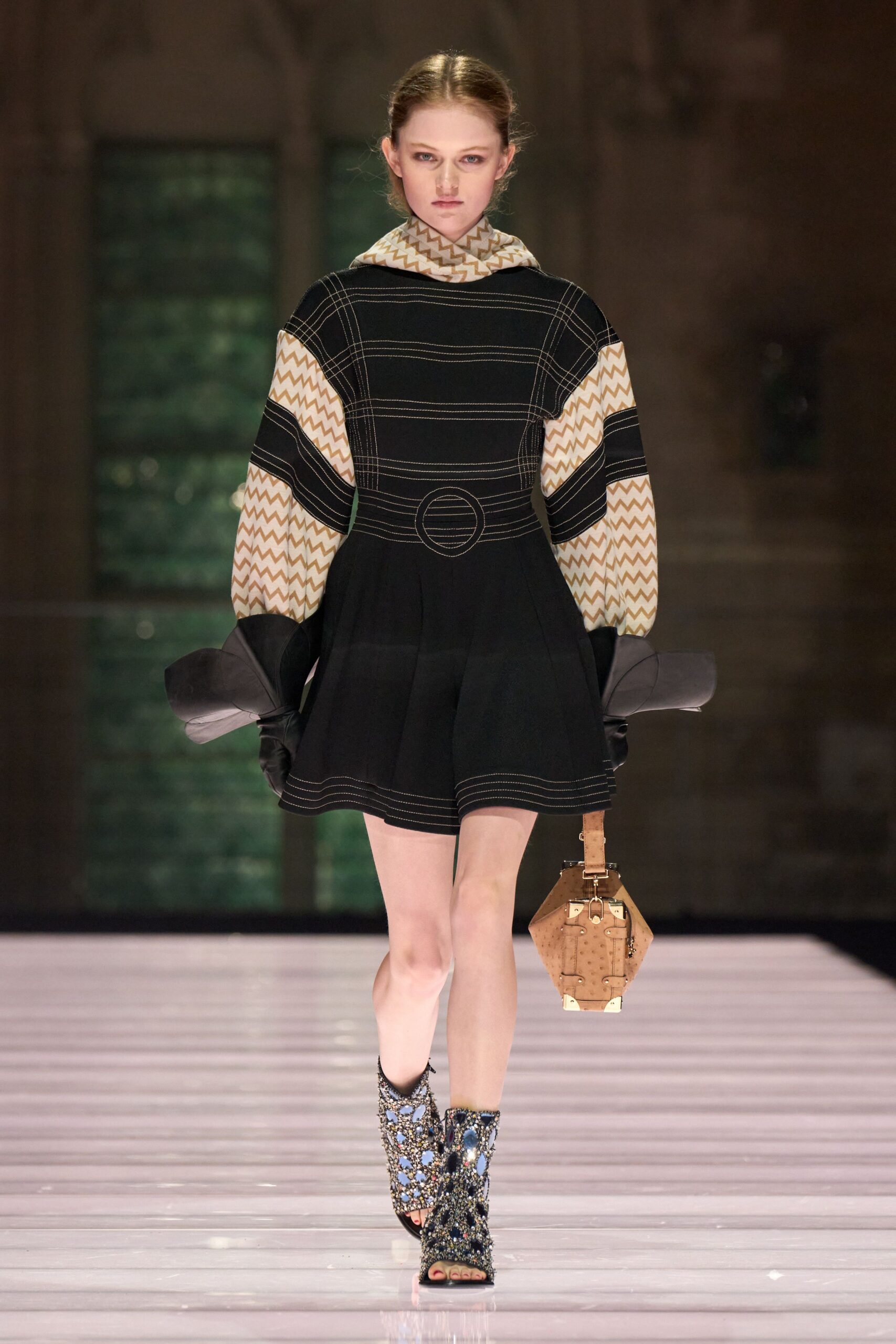 black and beige mini dress