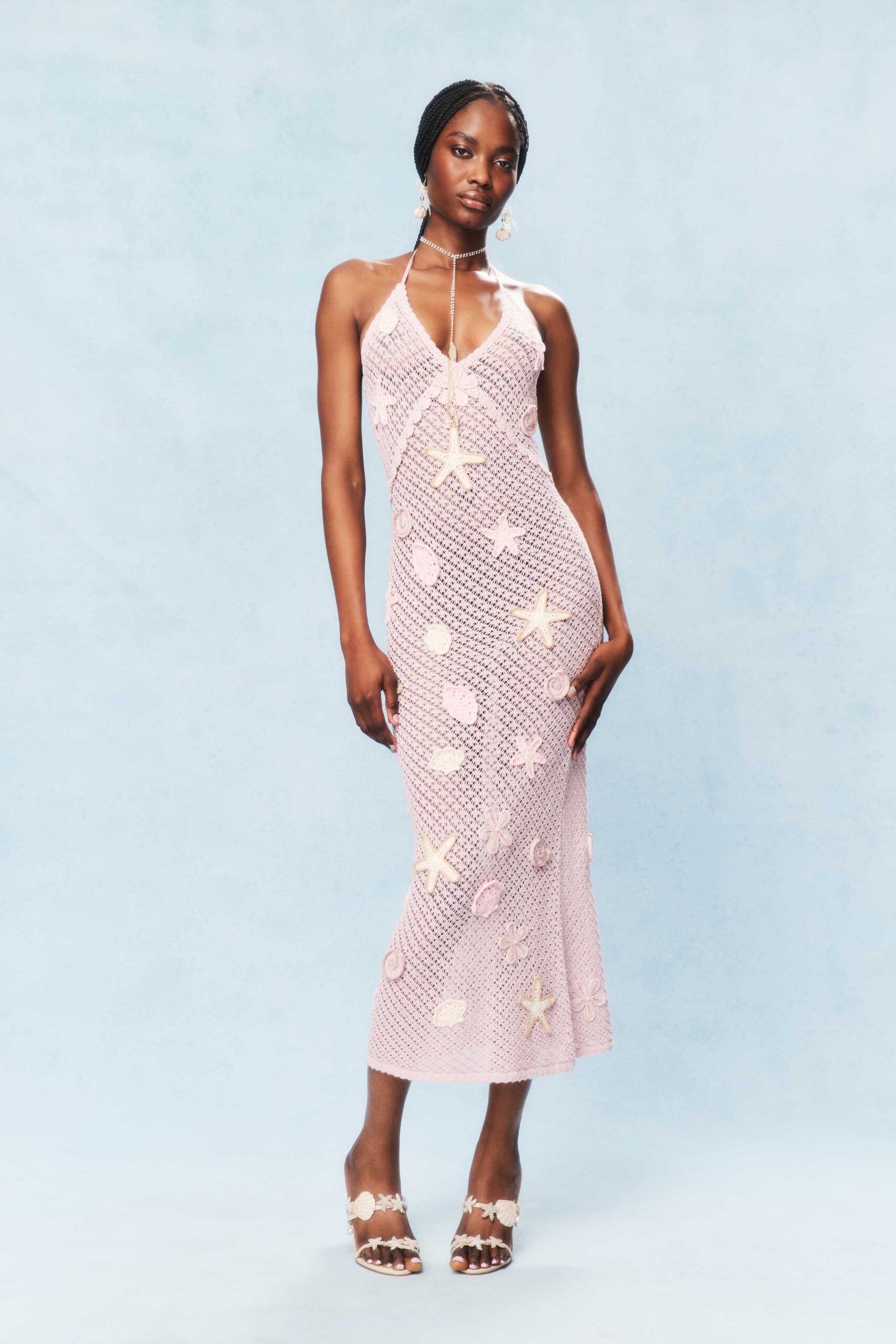pink cotton sleeveless halter fitted embroidered tiered dress
