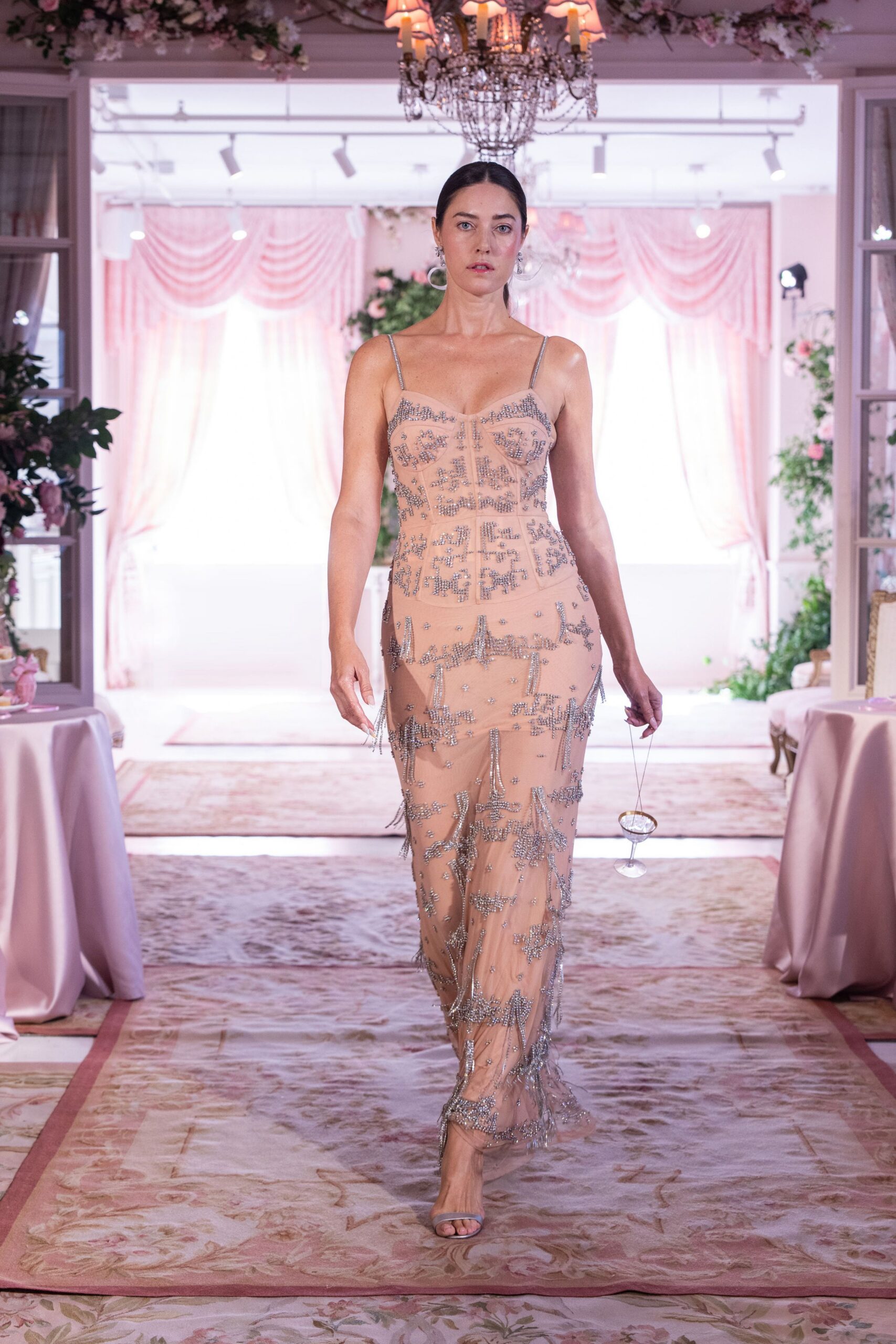 beige silk sleeveless v-neck fitted embellished tiered gown