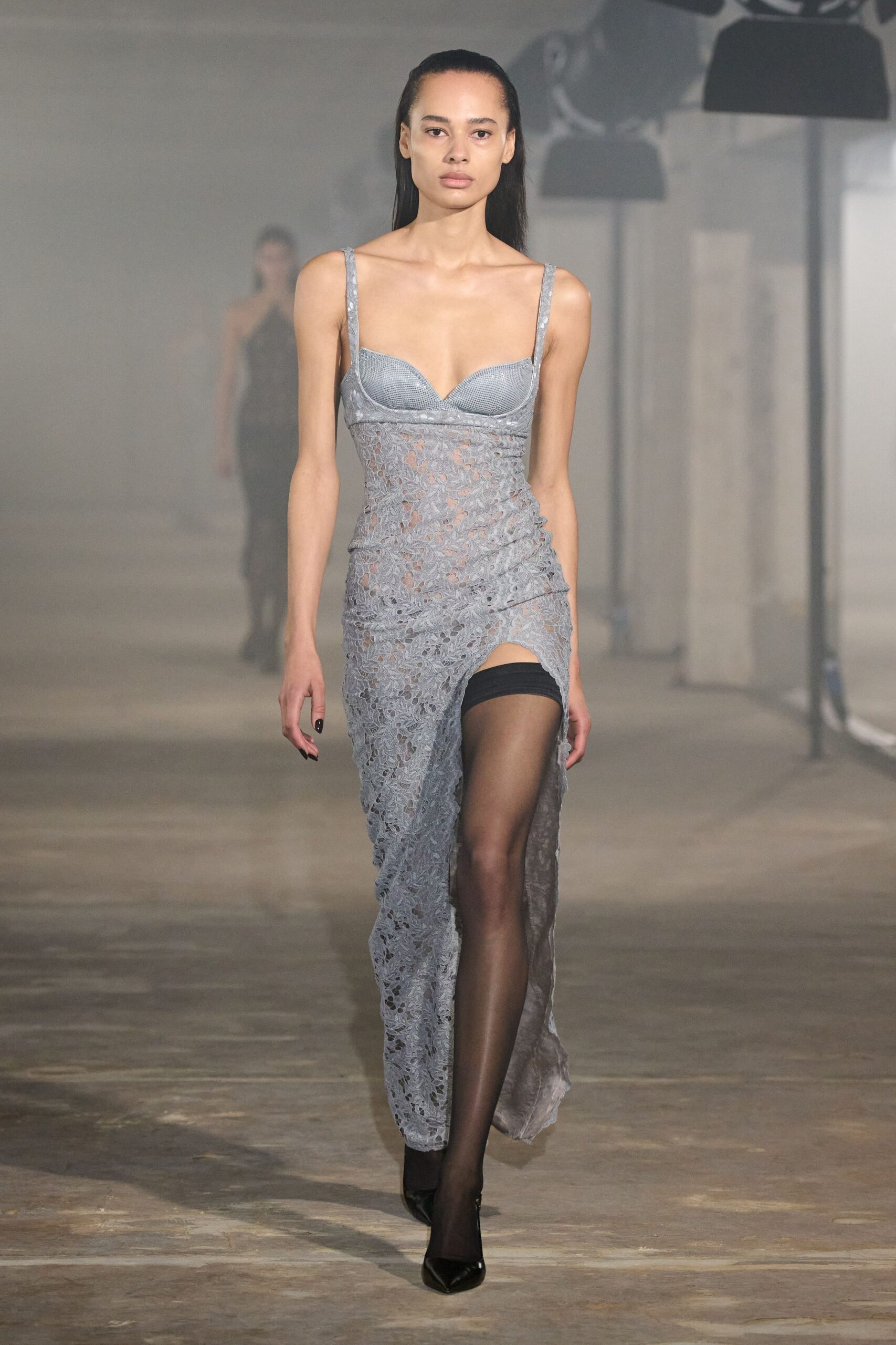 gray lace sleeveless v-neck fitted embroidered sheer gown