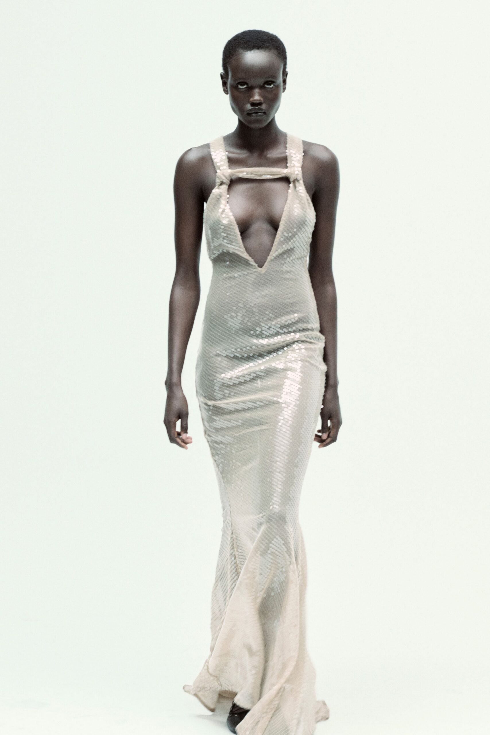 fitted silver sequin gown