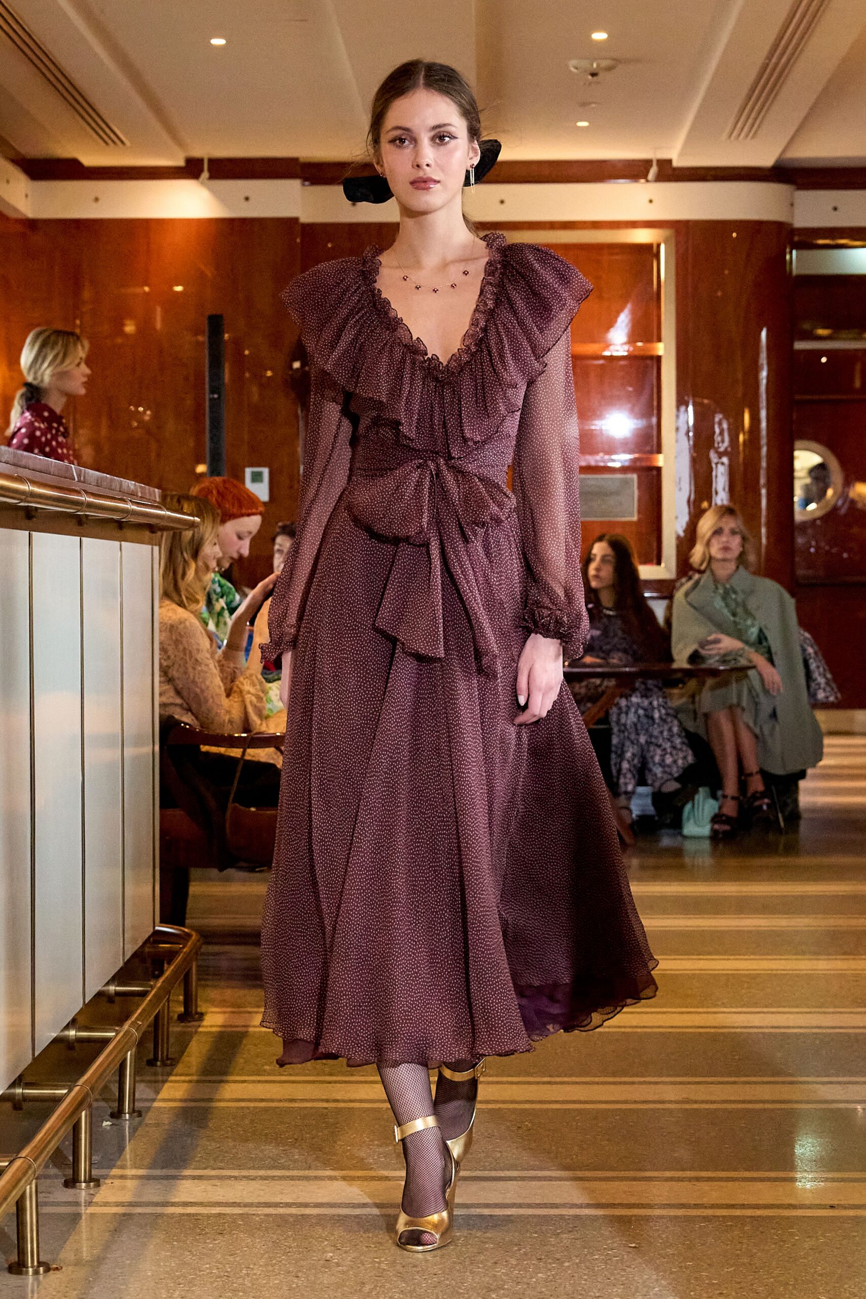 purple silk long-sleeve v-neck fitted ruffled tiered dress