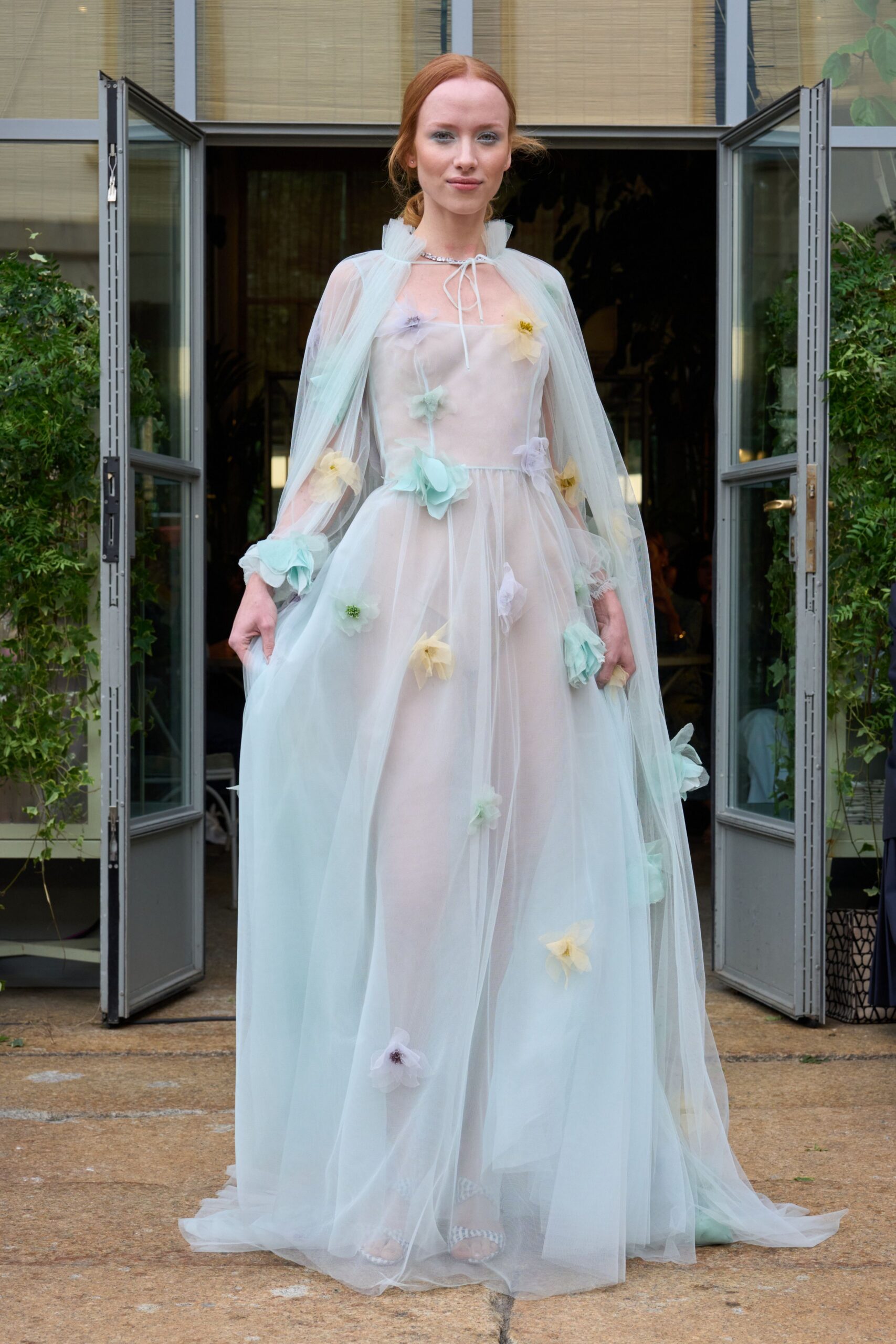 light blue chiffon gown with cape