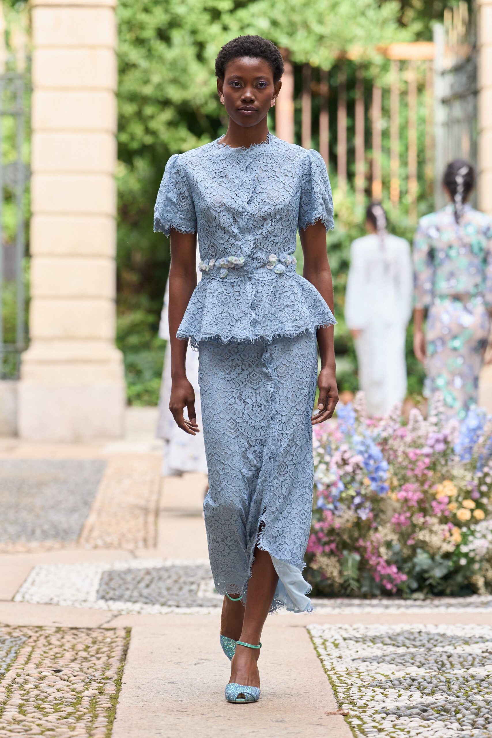 blue lace short-sleeve v-neck fitted flared embroidered dress