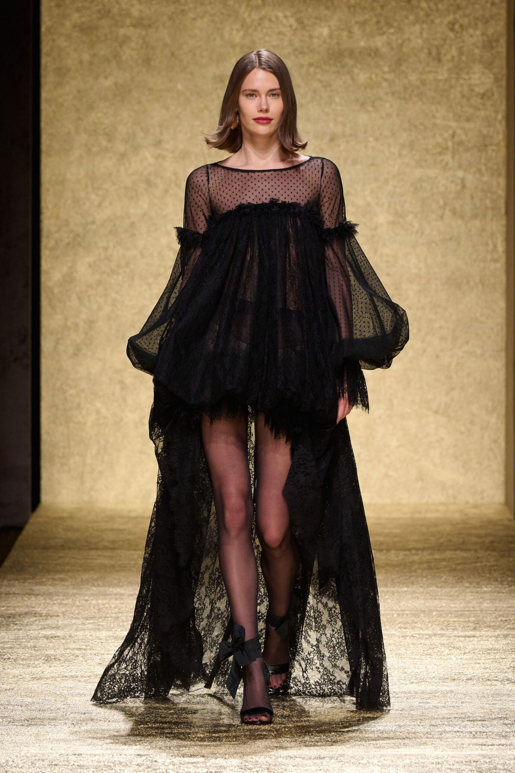 black lace maxi dress with bow shoes