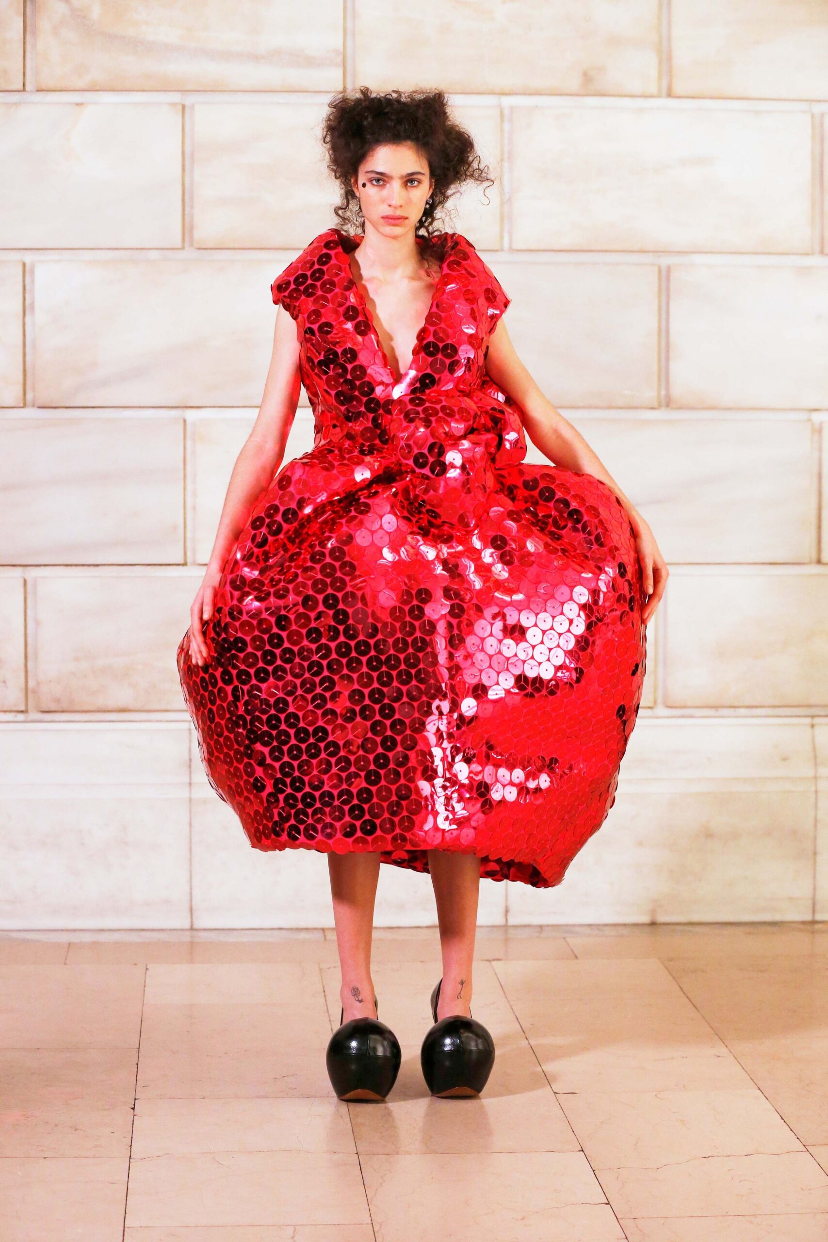 red sequin sleeveless v-neck relaxed draped embellished dress