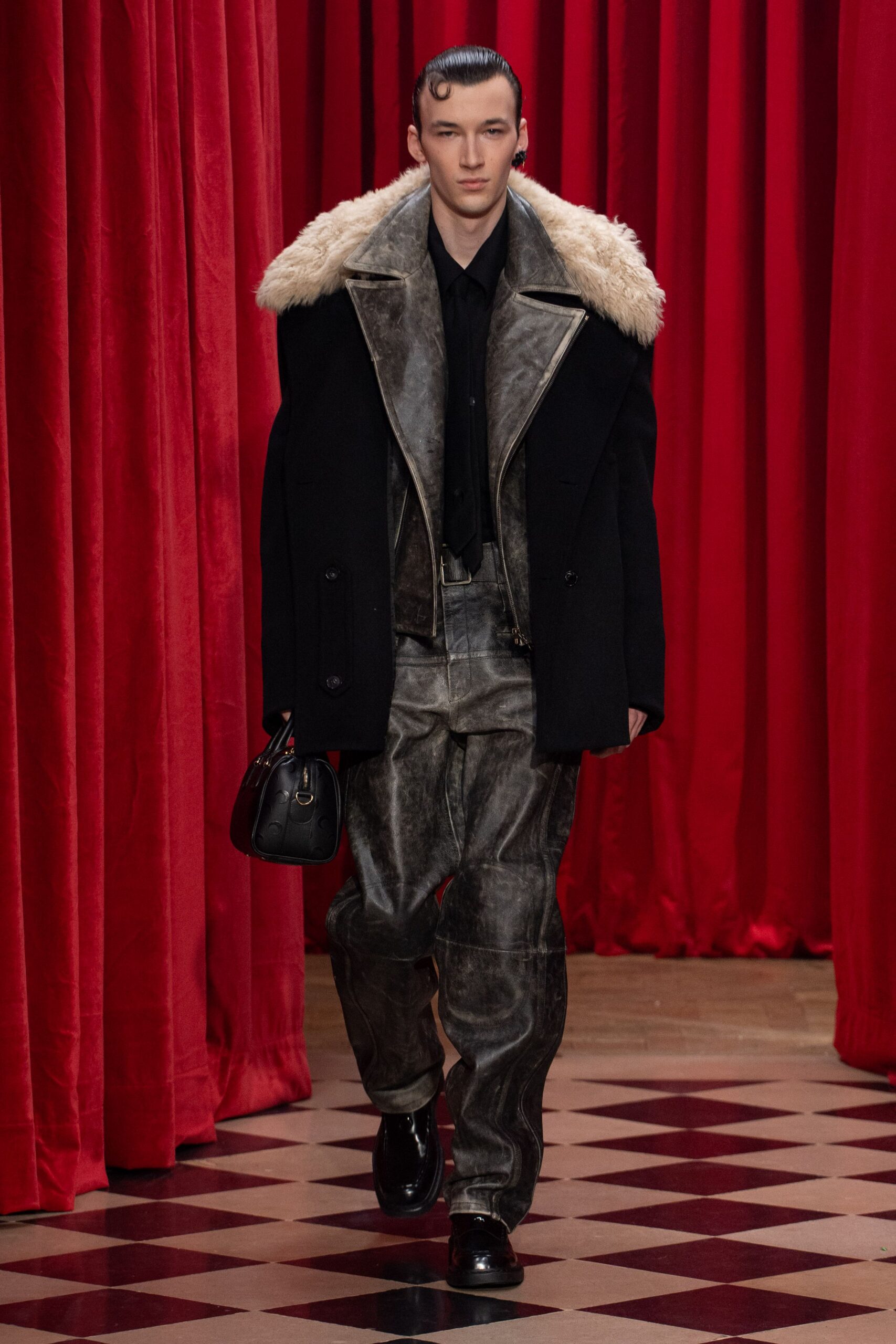 black leather coat with fur