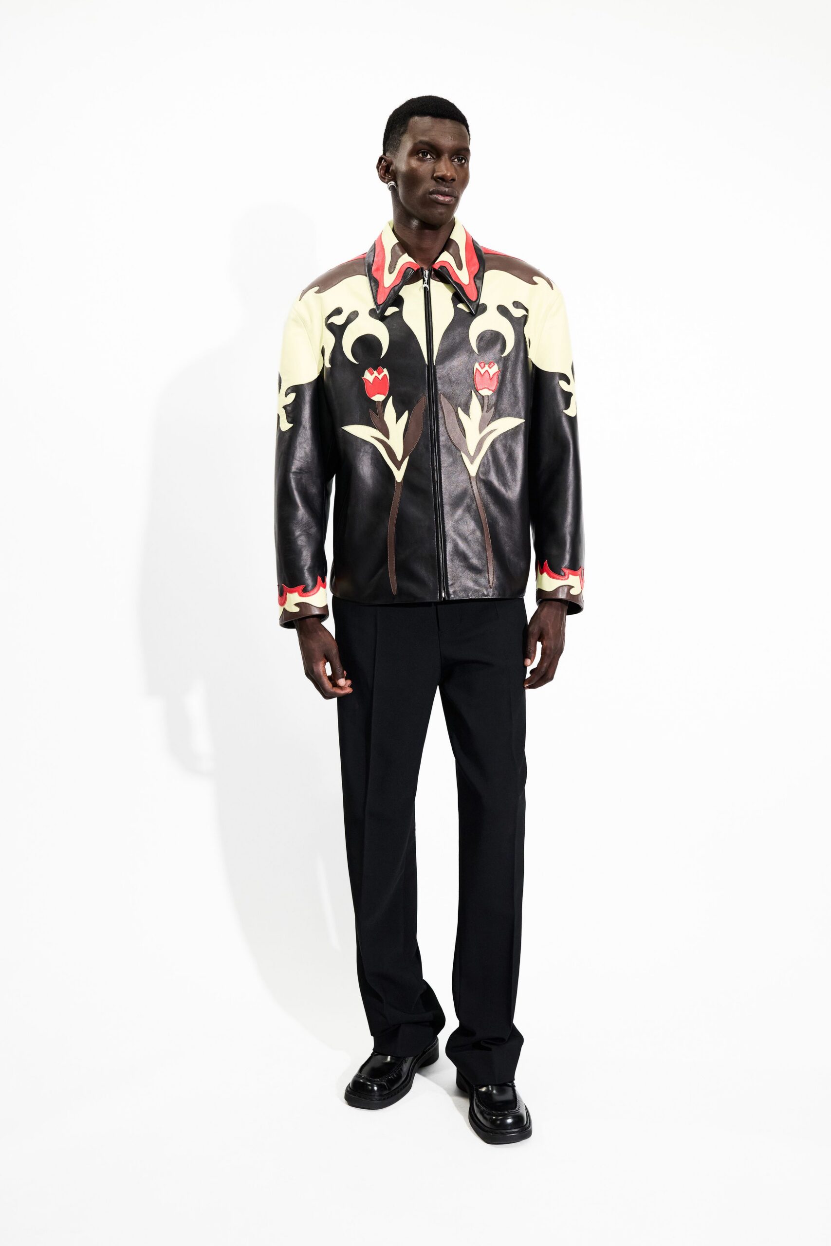 black leather long-sleeve collared fitted embroidered jacket