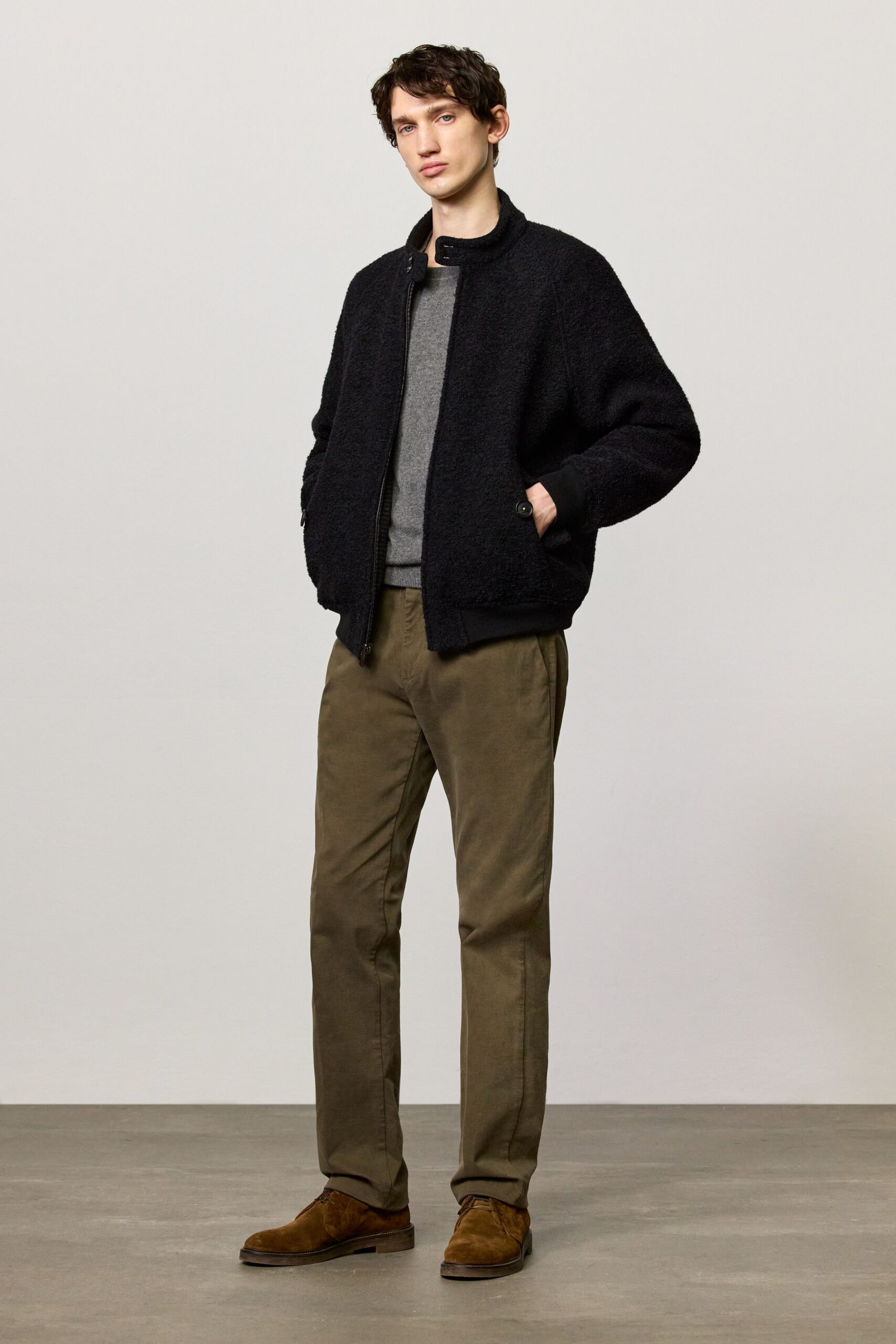 black wool relaxed jacket with gray sweater