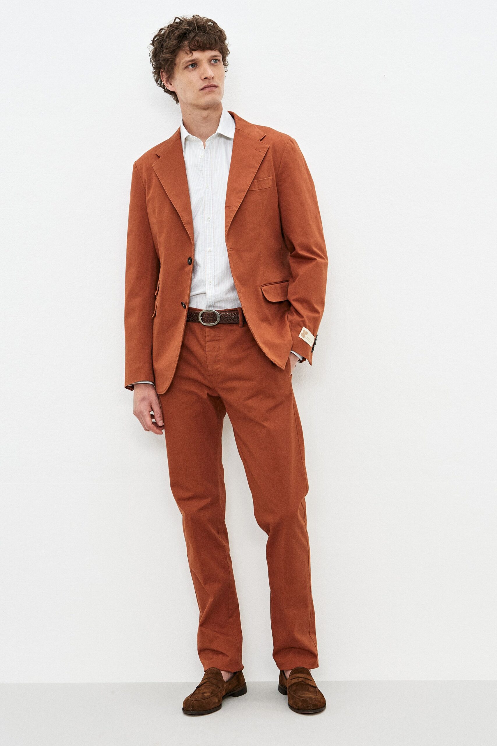 orange cotton long-sleeve collared tailored suit