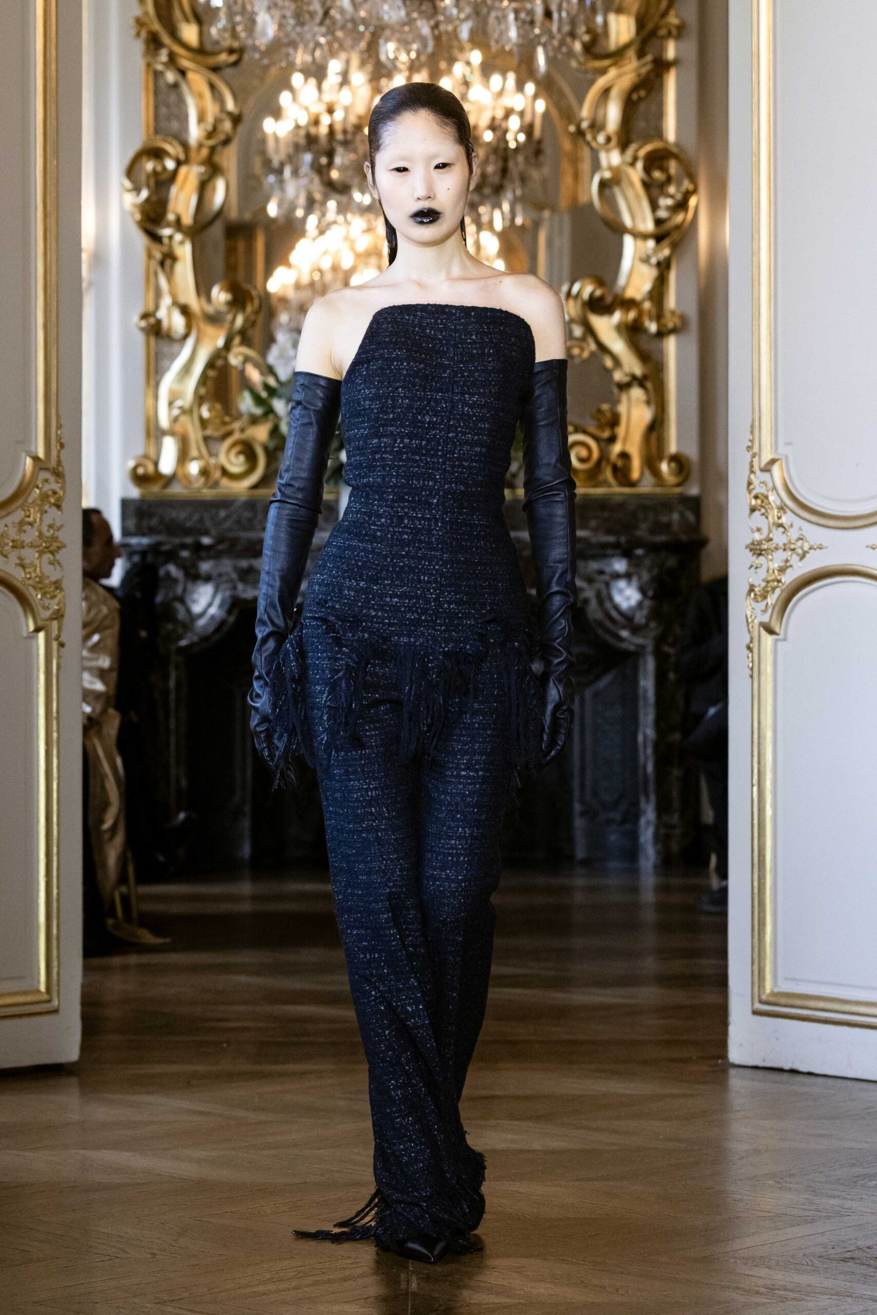 black tweed strapless fitted fringed jumpsuit