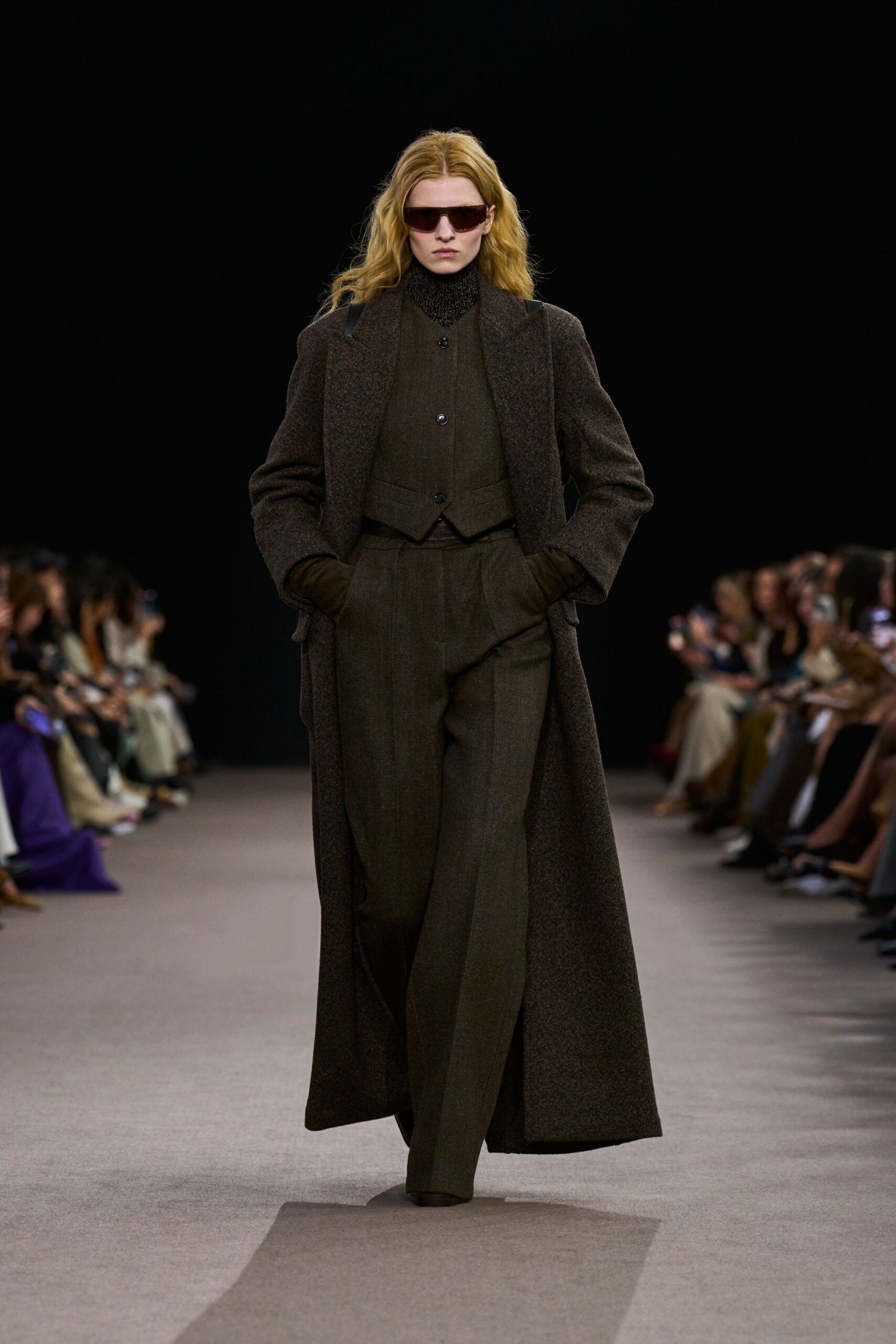 brown wool long-sleeve collared tailored belted maxi coat
